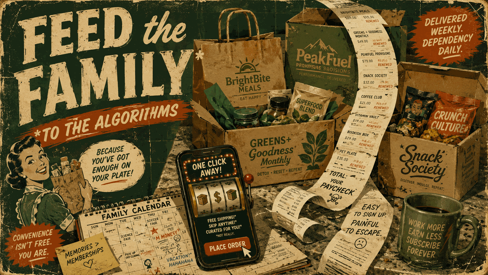 Vintage ad-style poster reading "Feed the Family — to the algorithms" with meal-kit boxes and subscription bags crowding a buried family calendar while a phone checkout screen renders as a slot machine promising "One click away."