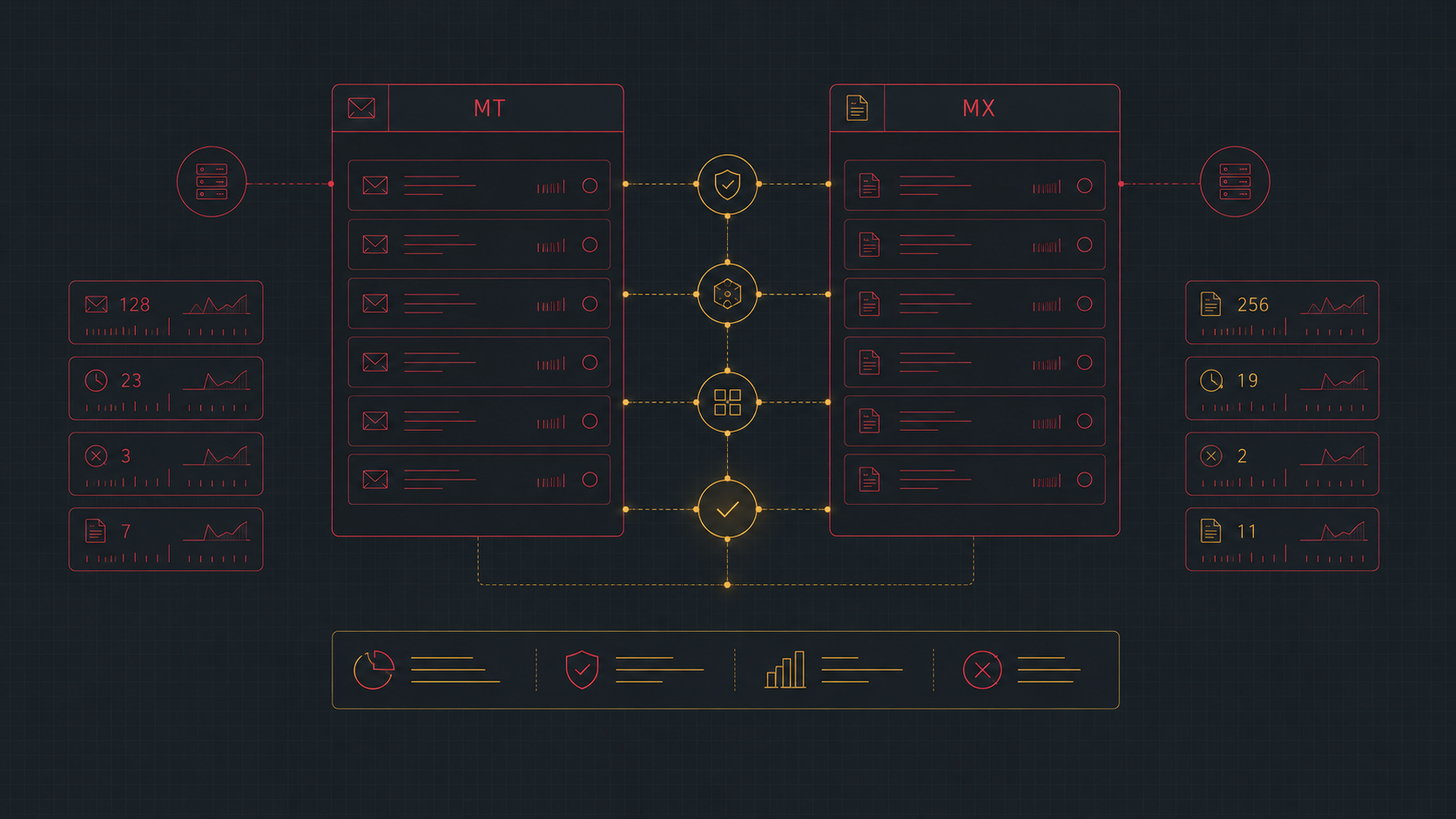 Two message queues labeled MT and MX side by side, joined by a central column of gold validation checkpoints, flanked by small metadata counter cards with sparklines and a status strip below