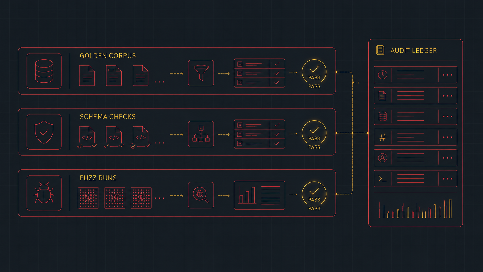 Verification board with three test lanes labeled golden corpus, schema checks, and fuzz runs, each ending in a gold PASS gauge, feeding a crimson audit-ledger panel of metadata rows and tally bars