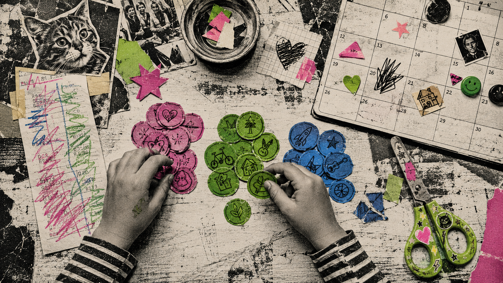 Overhead photocopy-style collage of a child's hands sorting hand-drawn paper coins into pink, green, and blue piles on a craft table with a sticker calendar, scribbled receipt, and cat-decorated scissors