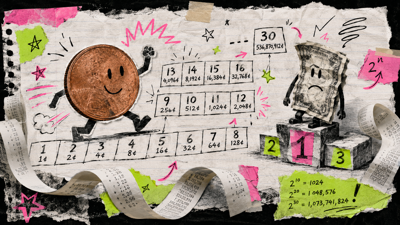 Notebook-paper comic of a smiling penny character striding across numbered day squares from 1 cent toward a day-30 box reading 536,870,912 cents, while a crumpled dollar bill sulks on the winners' podium beside doubling math notes