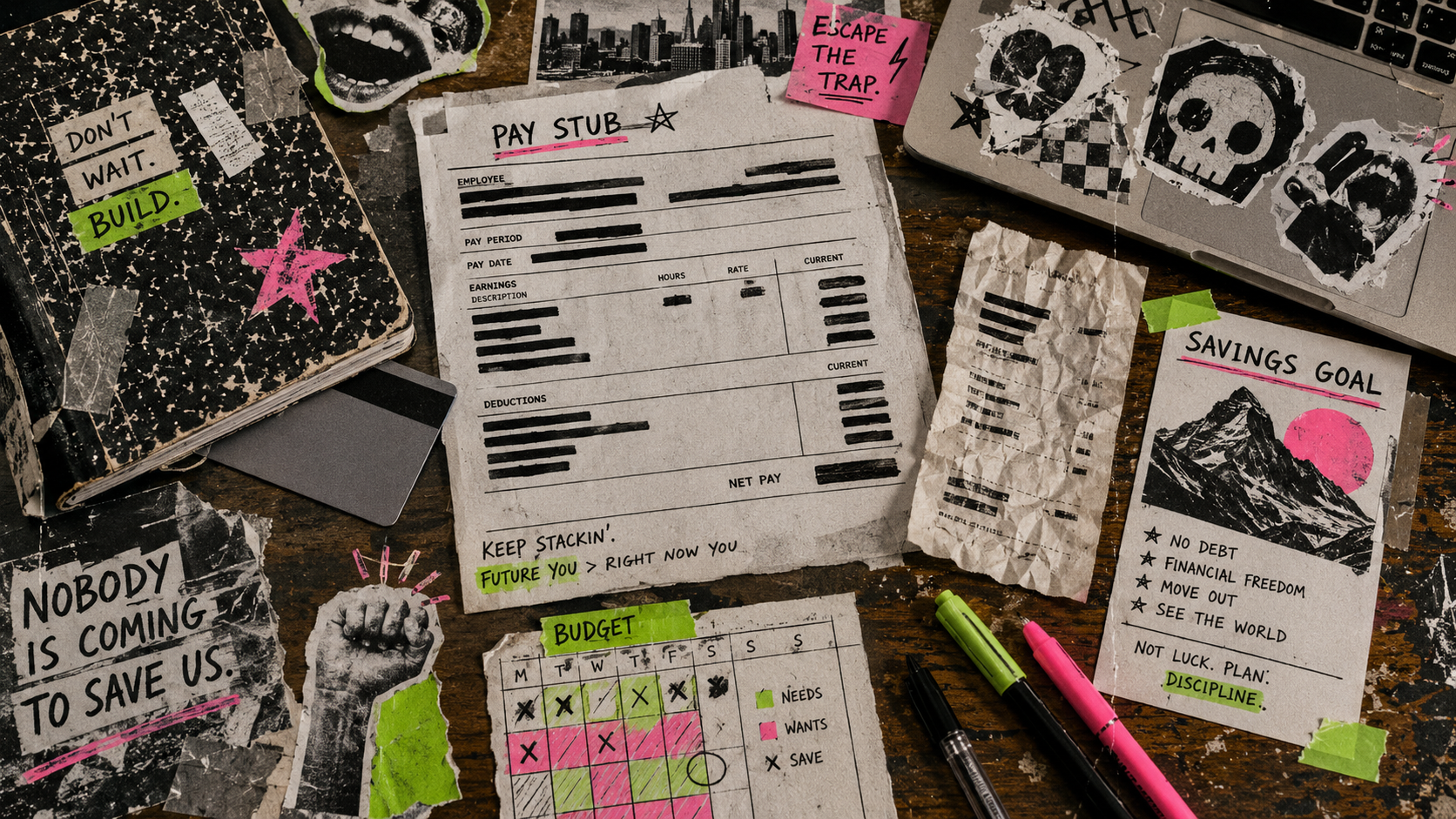 Punk-zine desk scene with a redacted pay stub captioned "Keep stackin', future you > right now you," a weekly budget grid color-coded needs, wants, and save, and a savings-goal card listing no debt, financial freedom, move out, and see the world