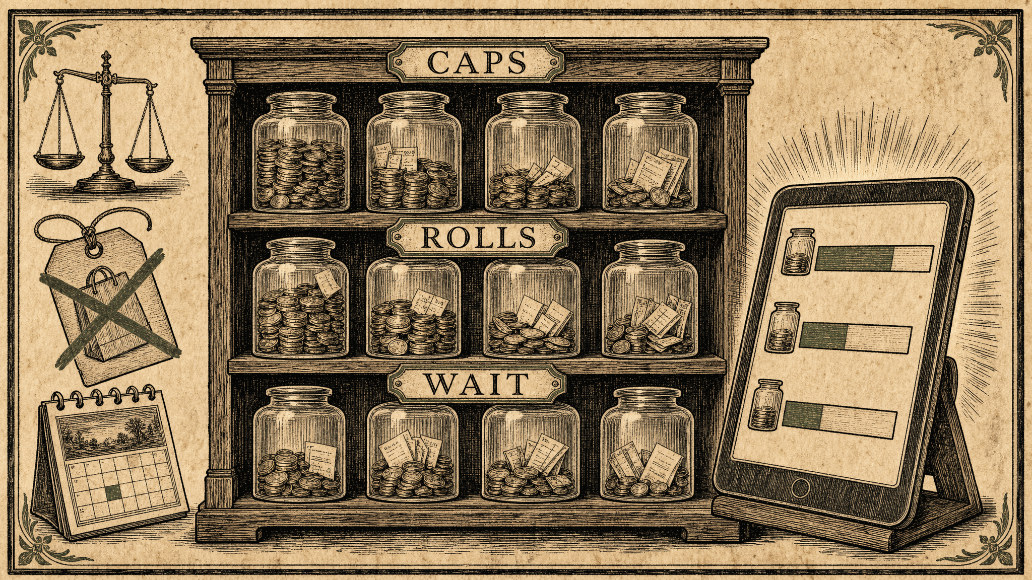Woodcut apothecary shelf holding twelve glass jars of coins and paper slips across three rows labelled Caps, Rolls and Wait, with a tablet showing matching balance bars beside a set of scales, a crossed-out price tag and a desk calendar.
