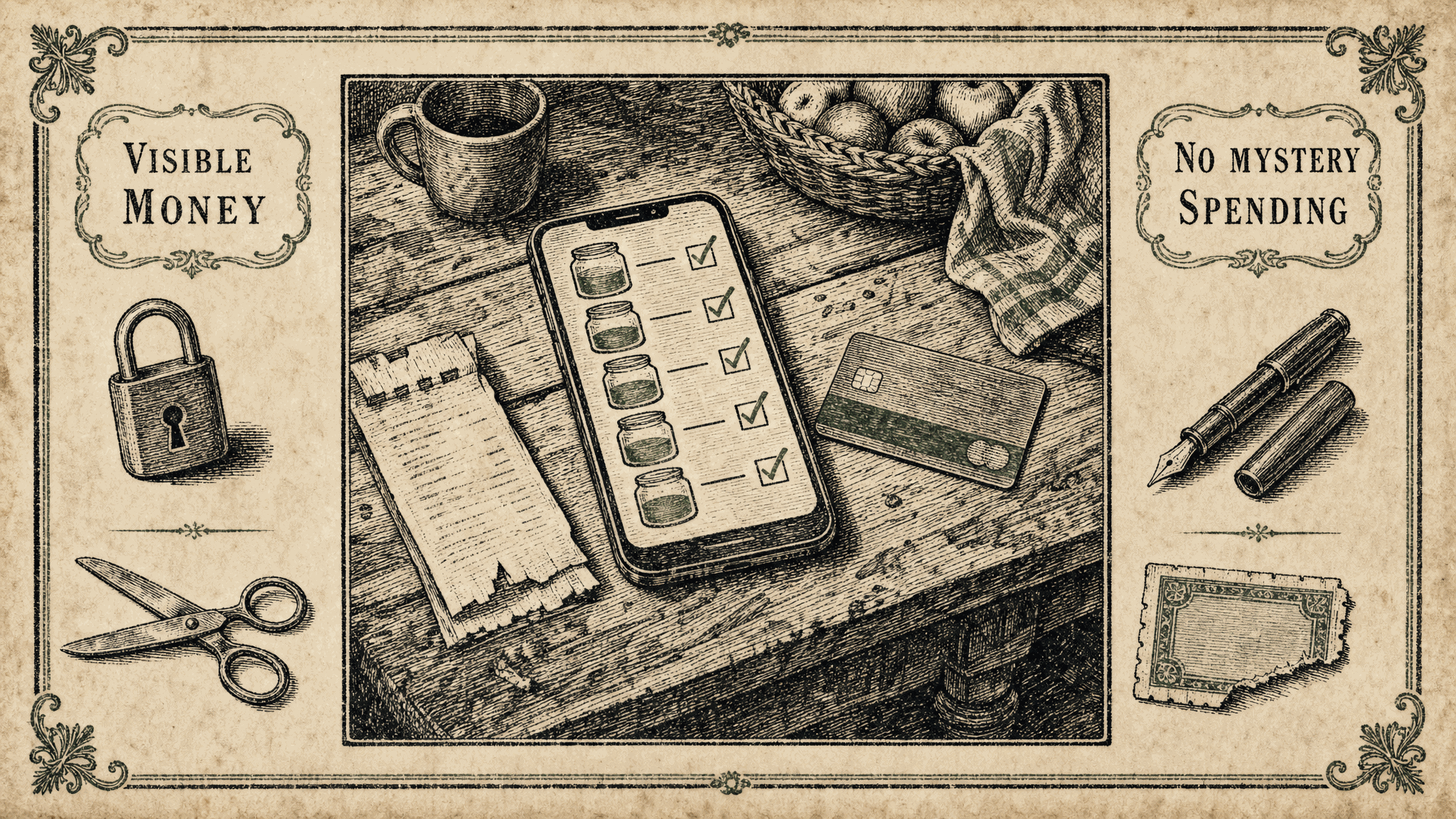 Engraved kitchen-table scene: a smartphone showing a checklist of budget jars sits beside a bank card, a paper receipt, a coffee cup and a basket of apples, framed by the notes “Visible money” and “No mystery spending.”