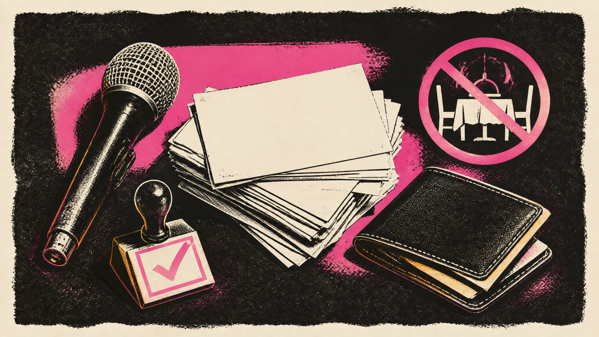Screen-print illustration of a stack of blank cue cards next to a microphone, a checkmark stamp and a closed wallet, with a restaurant table icon crossed out inside a pink no-entry circle.