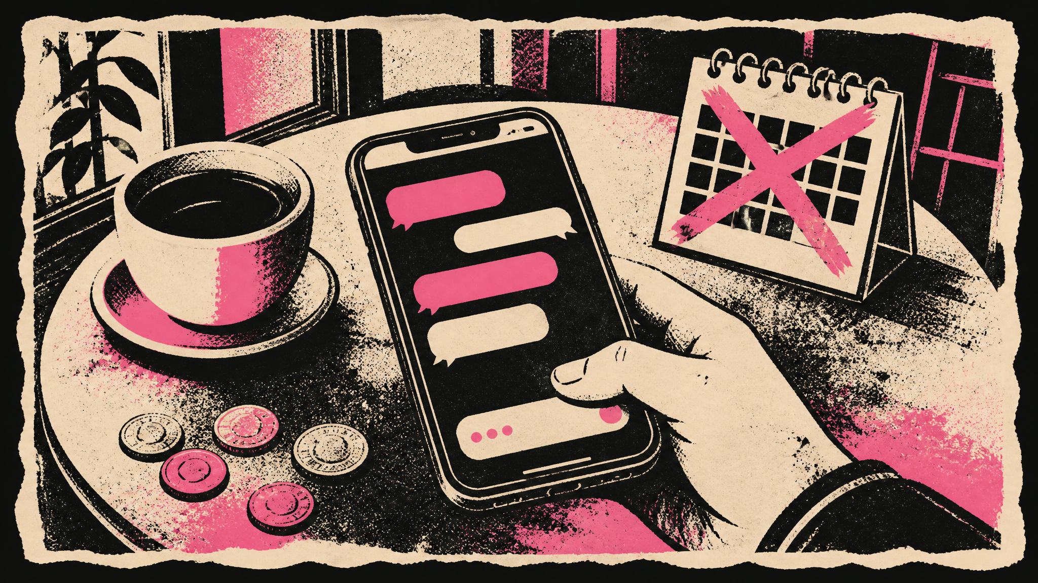 Screen-print illustration of a phone lying on a cafe table, its screen showing a thread of blank chat bubbles with a thumb hovering over the reply box, beside a coffee cup, scattered coins and a desk calendar struck through with a pink X.