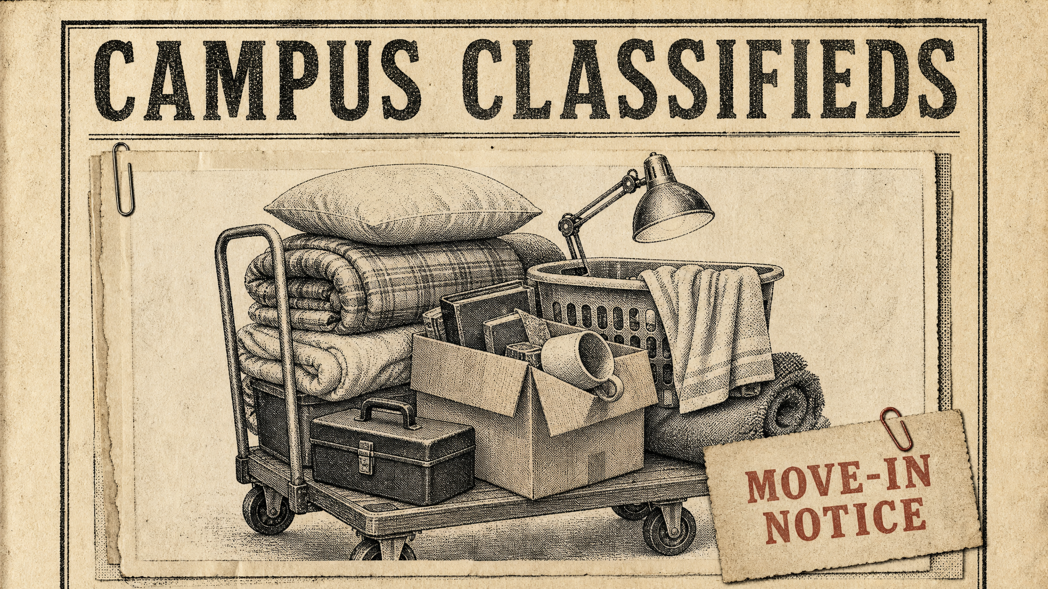 An aged newspaper classifieds page headed Campus Classifieds, with a pen-and-ink drawing of an overloaded flat moving cart stacked with a pillow, a rolled plaid blanket, folded bedding, a laundry basket, a towel, a metal toolbox, a desk lamp and an open cardboard box with a mug tipping out of it. A paper-clipped tag in the lower corner reads Move-In Notice in red.