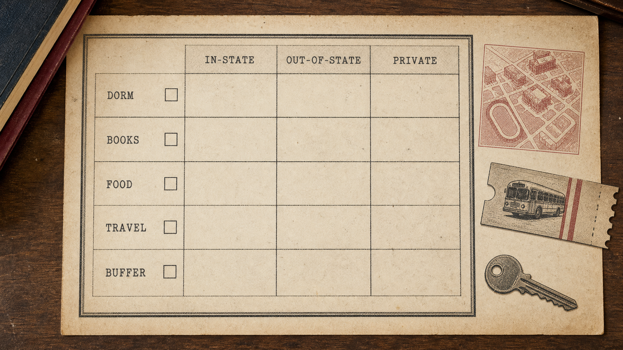 A blank vintage ledger worksheet lying on a wooden desk, ruled into three empty columns headed In-State, Out-Of-State and Private, with five checkbox rows labelled Dorm, Books, Food, Travel and Buffer. A red-printed campus street map, a bus ticket stub and a door key rest on the paper beside the table.