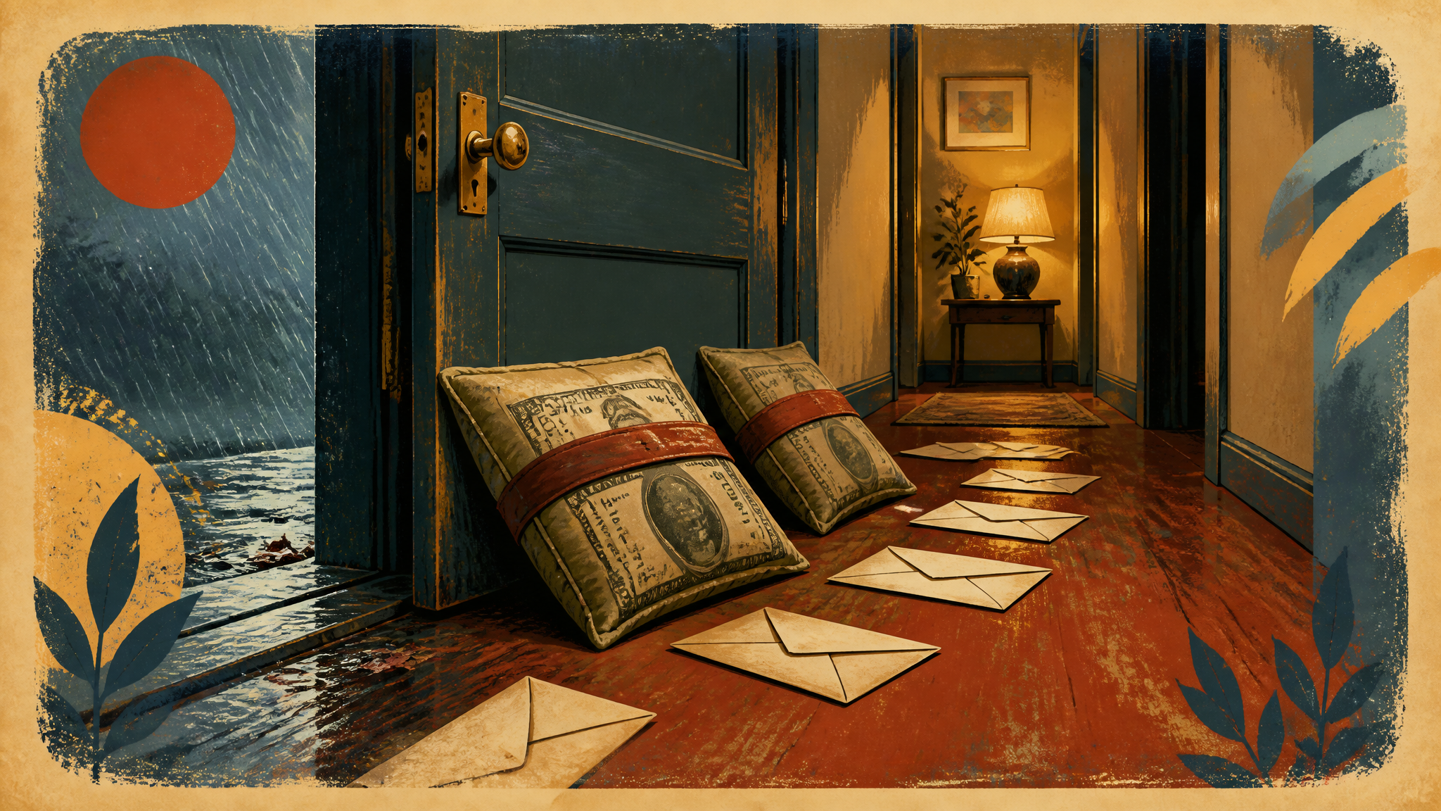 A hallway after a storm where two cushions printed like banknotes wedge a heavy door open against the rain, while plain envelopes slide across the floorboards toward a warmly lit lamp at the far end.