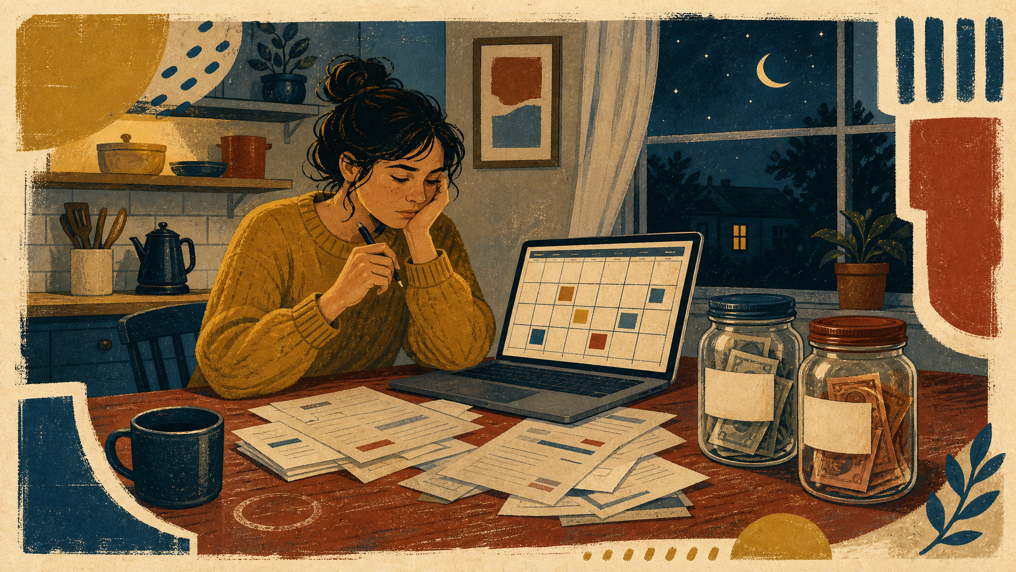 A freelancer sits at a kitchen table late at night with chin in hand, surrounded by scattered invoices, a laptop showing a calendar of unevenly filled squares, and two glass jars of cash with blank labels.