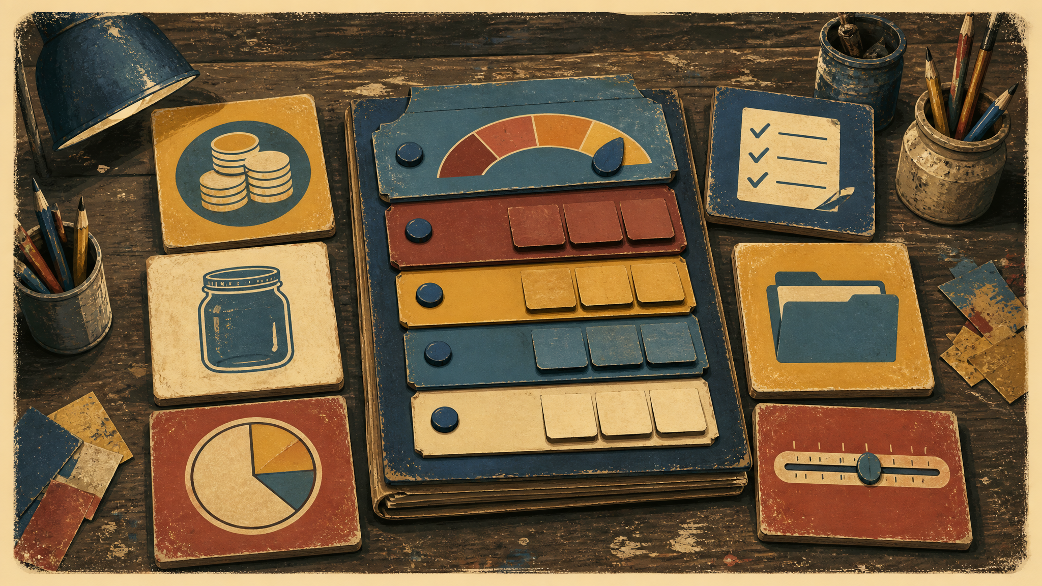 A battered workshop table laid out with chunky budget-method tiles showing a coin stack, a jar, a pie chart, a checklist, a folder and a slider dial, arranged around a central tiered control panel of stacked colored bands.