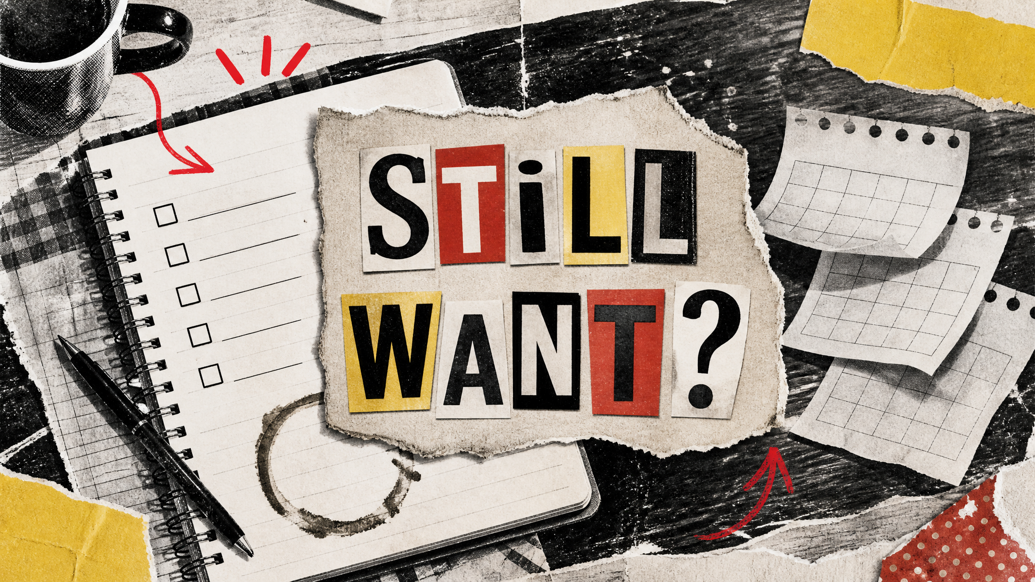 Zine-collage illustration of an open spiral notebook with five empty checkboxes, a pen and a coffee ring on a dark wooden table, blank calendar pages curling at the right, and torn cut-out letters spelling STILL WANT?