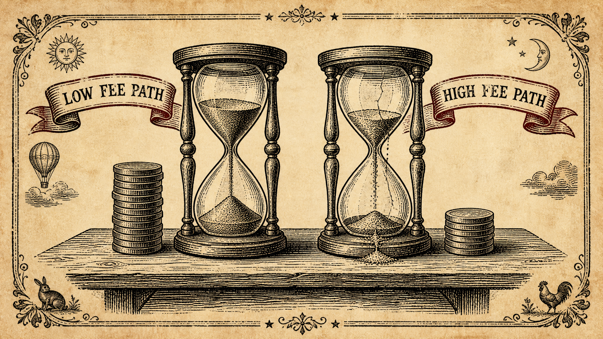 Woodcut illustration comparing two hourglasses on a wooden shelf: the one under a banner reading LOW FEE PATH runs a full steady stream of sand beside a tall stack of coins, while the one under a banner reading HIGH FEE PATH leaks sand through cracks in its glass beside a much shorter stack of coins.