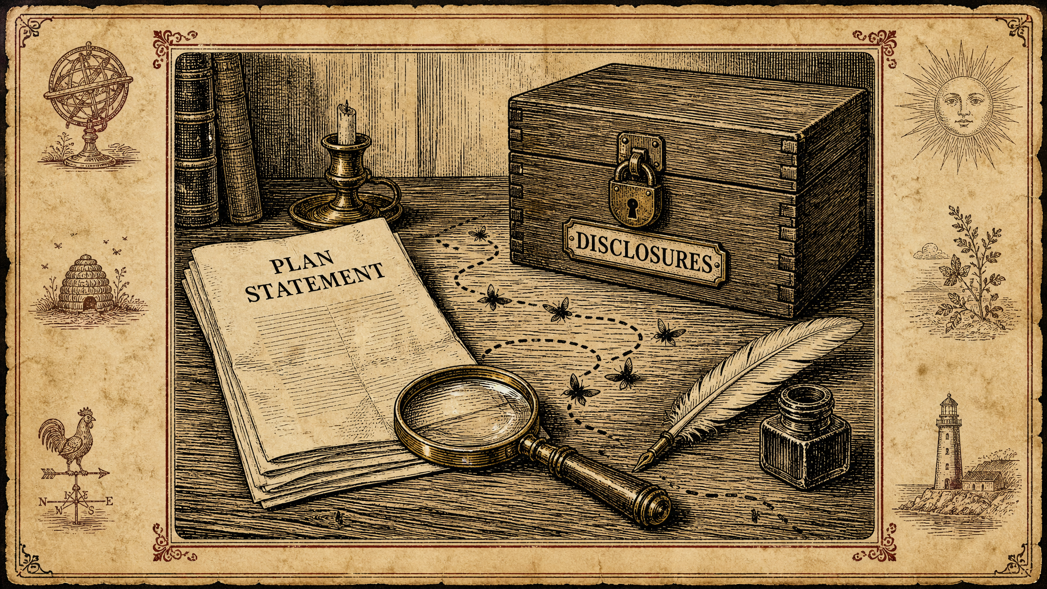 Almanac-style woodcut of a wooden desk holding an open 401(k) plan statement, a brass magnifying glass, a quill pen and inkwell, with a dotted trail of tiny moths leading away from the statement toward a padlocked wooden file box labeled DISCLOSURES.