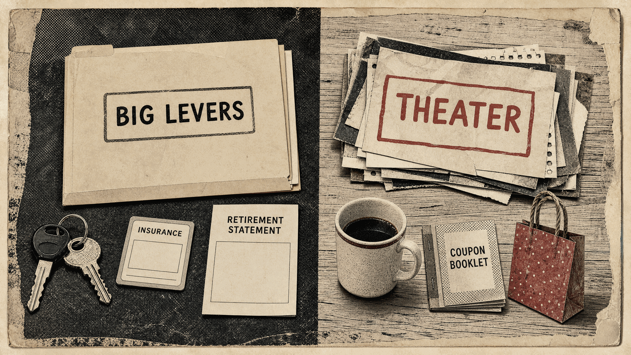 Split tabletop collage contrasting a tidy folder labeled Big Levers beside keys, an insurance card, and a blank retirement statement with a messy pile stamped Theater beside a full coffee cup, a coupon booklet, and a small shopping bag.