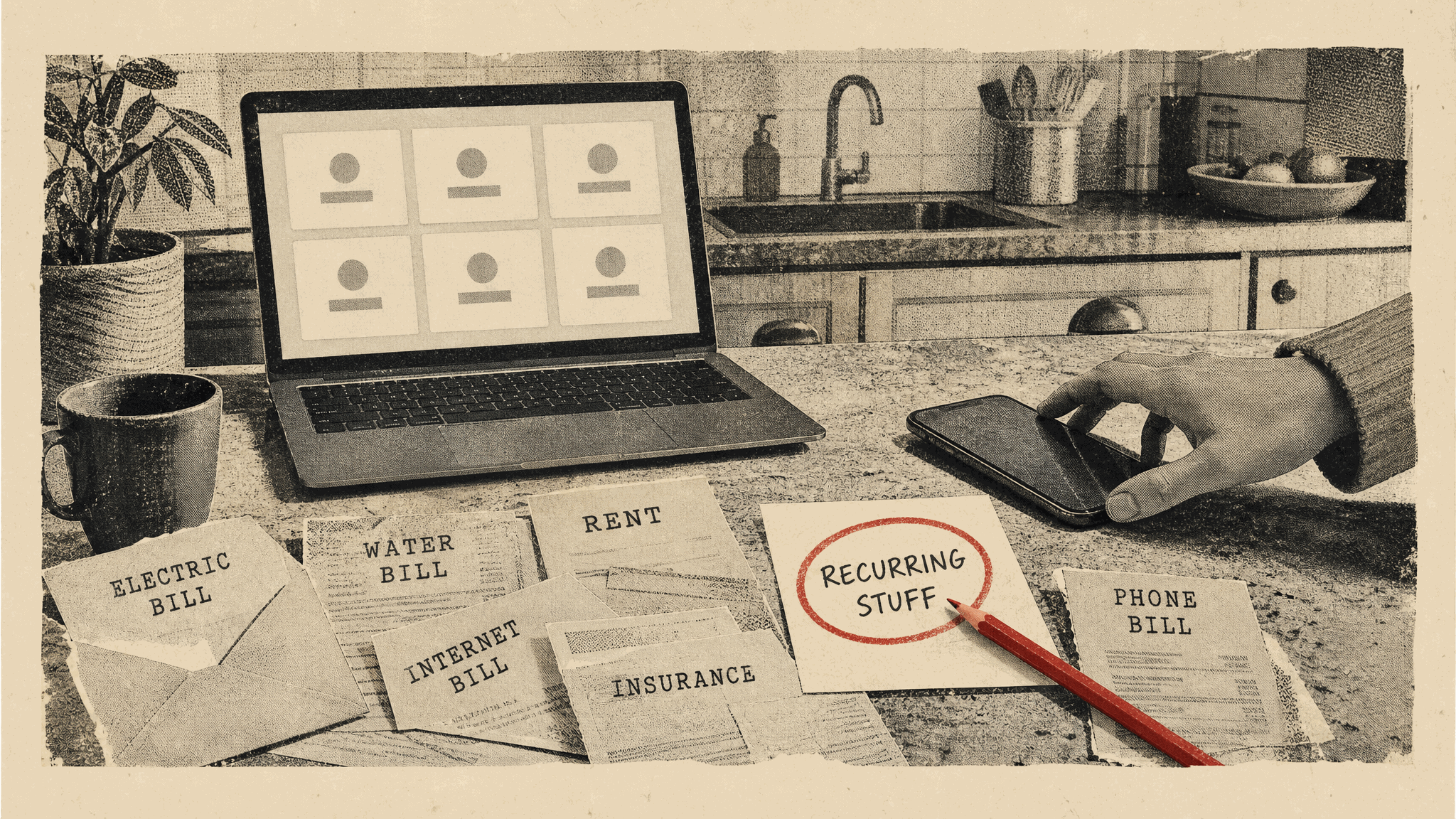 Halftone collage of a kitchen counter covered with labeled household bills, a laptop showing blank account tiles, and a hand reaching for a phone beside a note reading Recurring Stuff circled in red pencil.