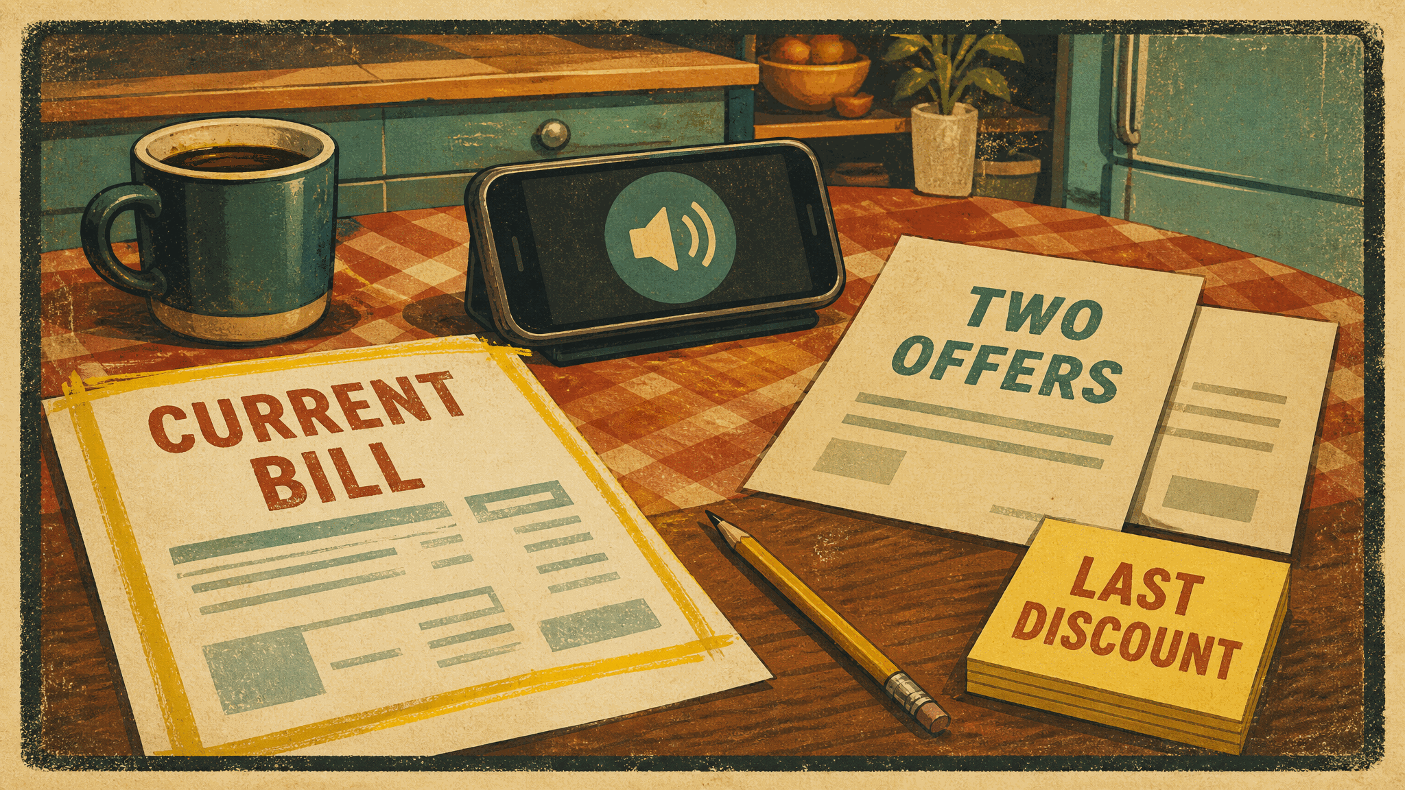 Vintage kitchen-table scene with a phone on speaker, a coffee mug, a pencil, a page labeled CURRENT BILL highlighted in yellow, offer sheets labeled TWO OFFERS, and a sticky-note pad labeled LAST DISCOUNT on a checkered tablecloth.