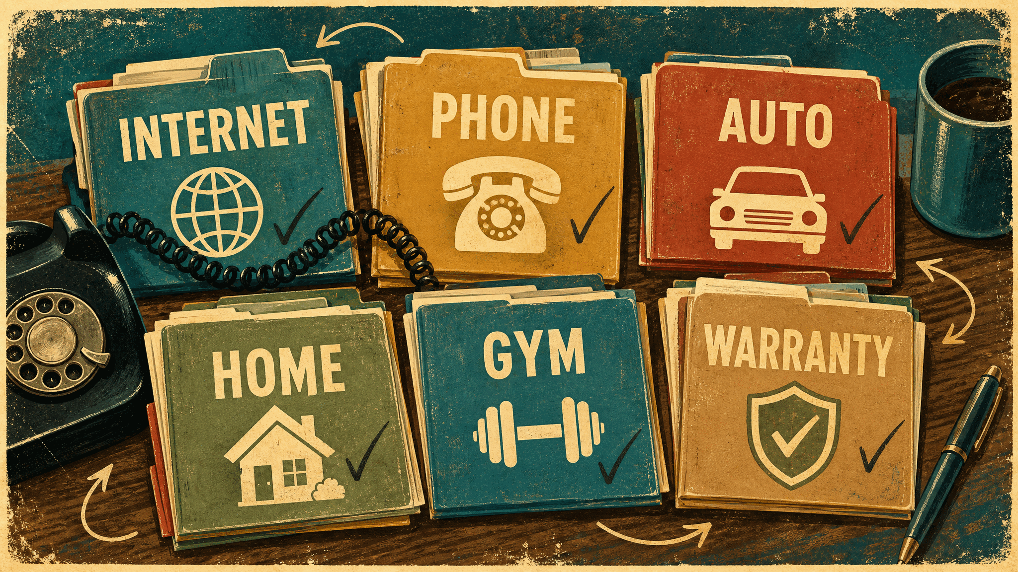Retro illustration of six worn folder stacks labeled INTERNET, PHONE, AUTO, HOME, GYM, and WARRANTY, each with an icon and a hand-drawn checkmark, linked by a curling rotary phone cord and arrows, beside a black rotary telephone and a pen.