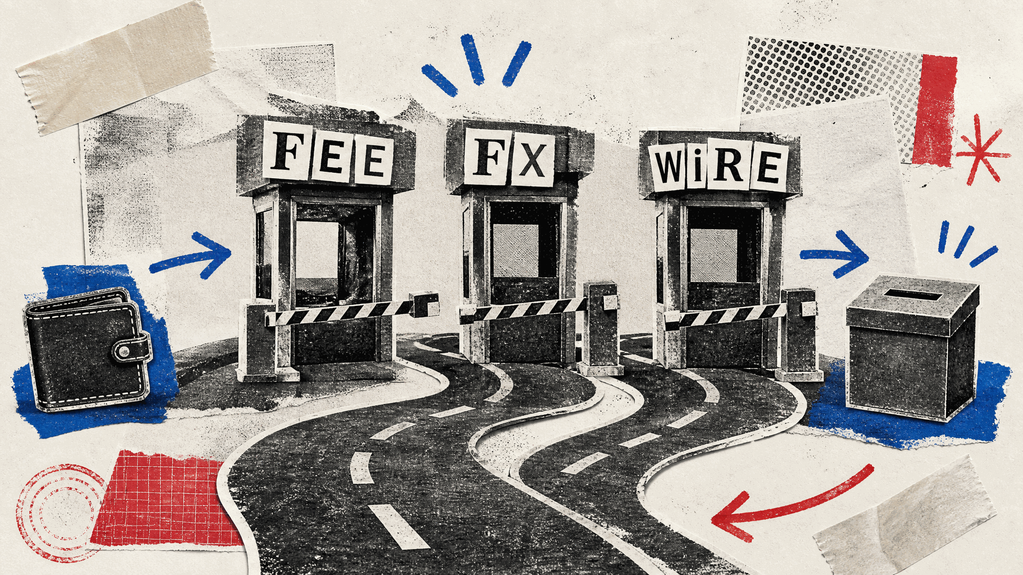 Zine collage of three paper toll booths labeled FEE, FX, and WIRE across a winding road, with a leather wallet waiting on one side and a deposit box on the other, decorated with tape, stamps, and red and blue marker arrows.