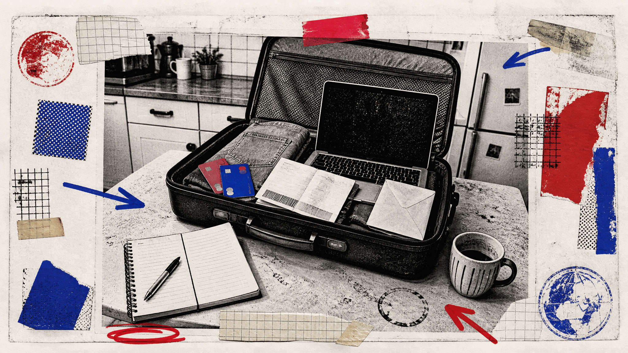 Black-and-white zine collage of an open suitcase on a kitchen table holding a laptop, two debit cards, a folded boarding pass, and an envelope, beside an open notebook, pen, and mug of coffee, framed by tape strips, stamps, and marker arrows.
