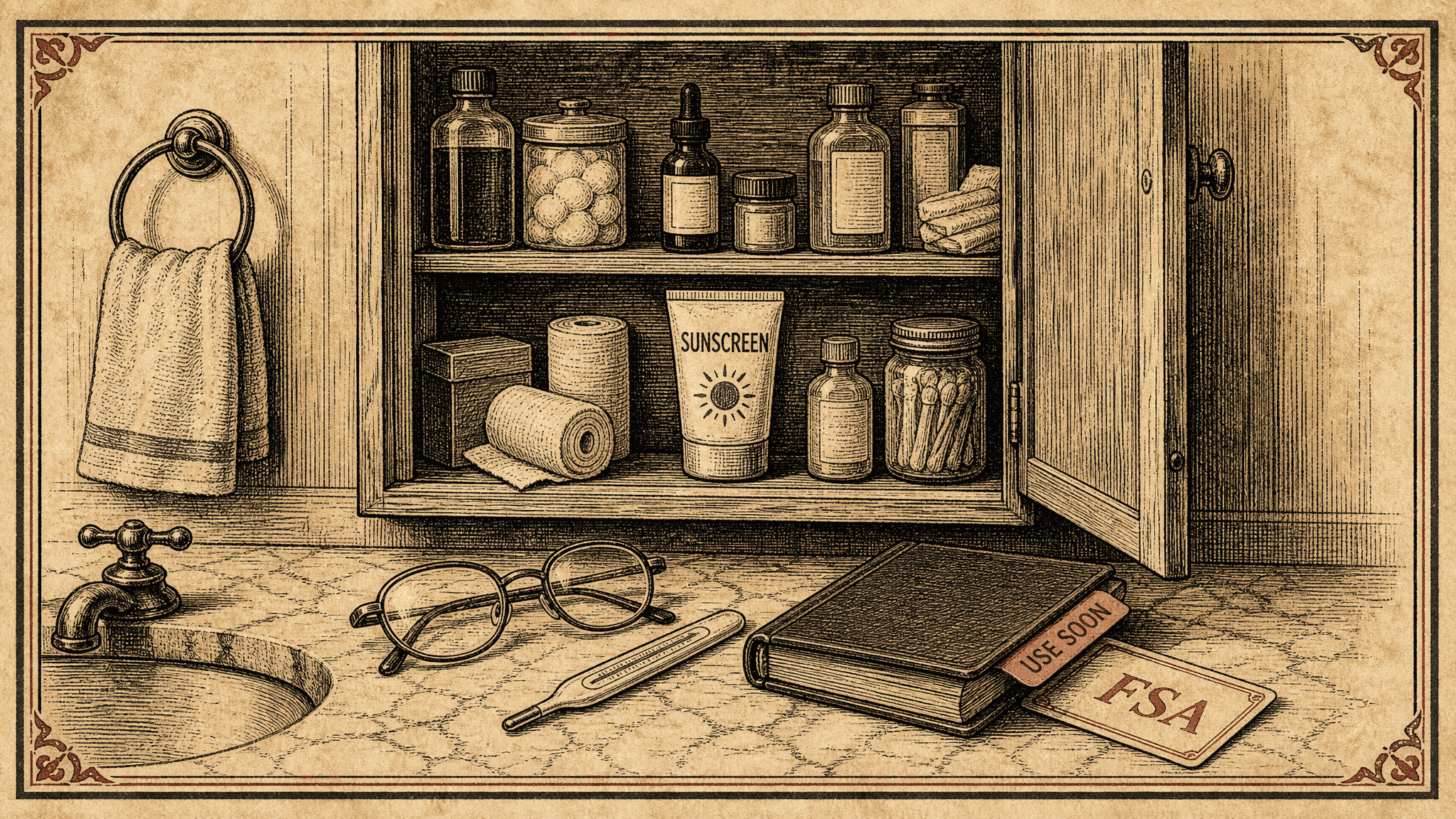 Almanac woodcut of an open bathroom medicine cabinet stocked with bottles, bandages, and sunscreen, with eyeglasses and a thermometer on the tiled counter and an FSA card tucked under a notebook whose tab reads USE SOON.