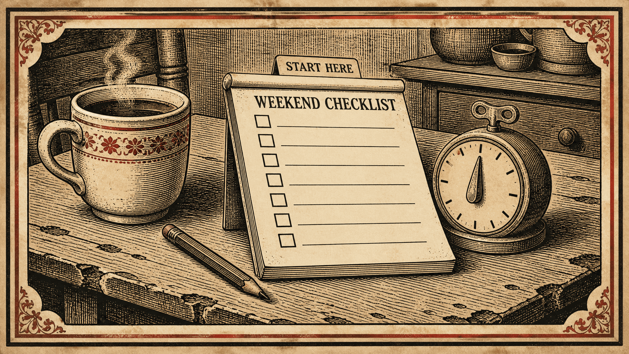 Almanac woodcut of a Saturday-morning kitchen table with a steaming coffee cup, a pencil, and a wind-up timer beside a paper pad headed WEEKEND CHECKLIST with seven blank checkboxes and a small tab reading START HERE.