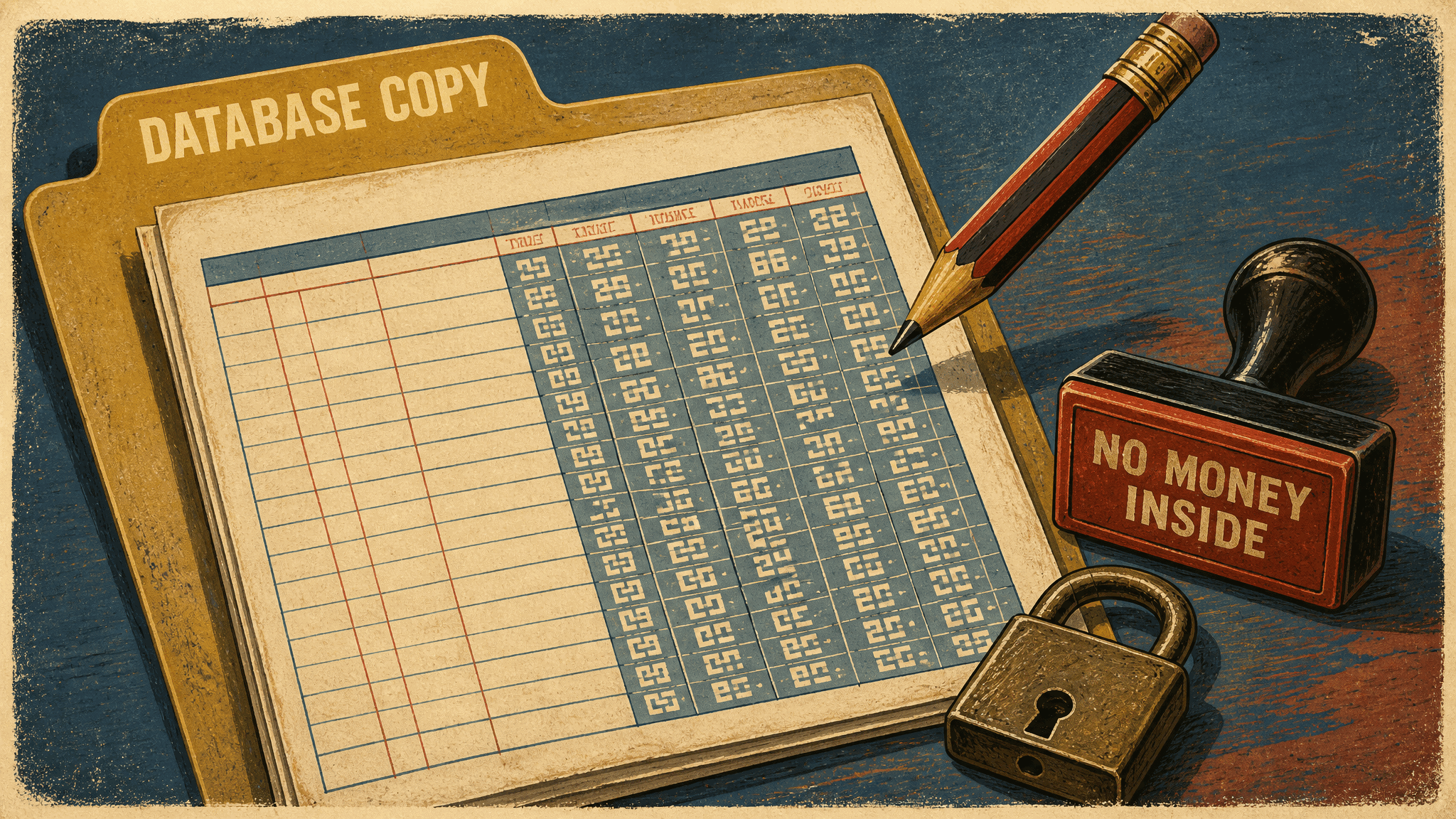 A vintage illustration of a paper ledger inside a folder tabbed DATABASE COPY. The ledger's amount columns are filled with dense encrypted glyphs instead of figures, a pencil rests against the page unable to write numbers, and a red rubber stamp beside it reads NO MONEY INSIDE.