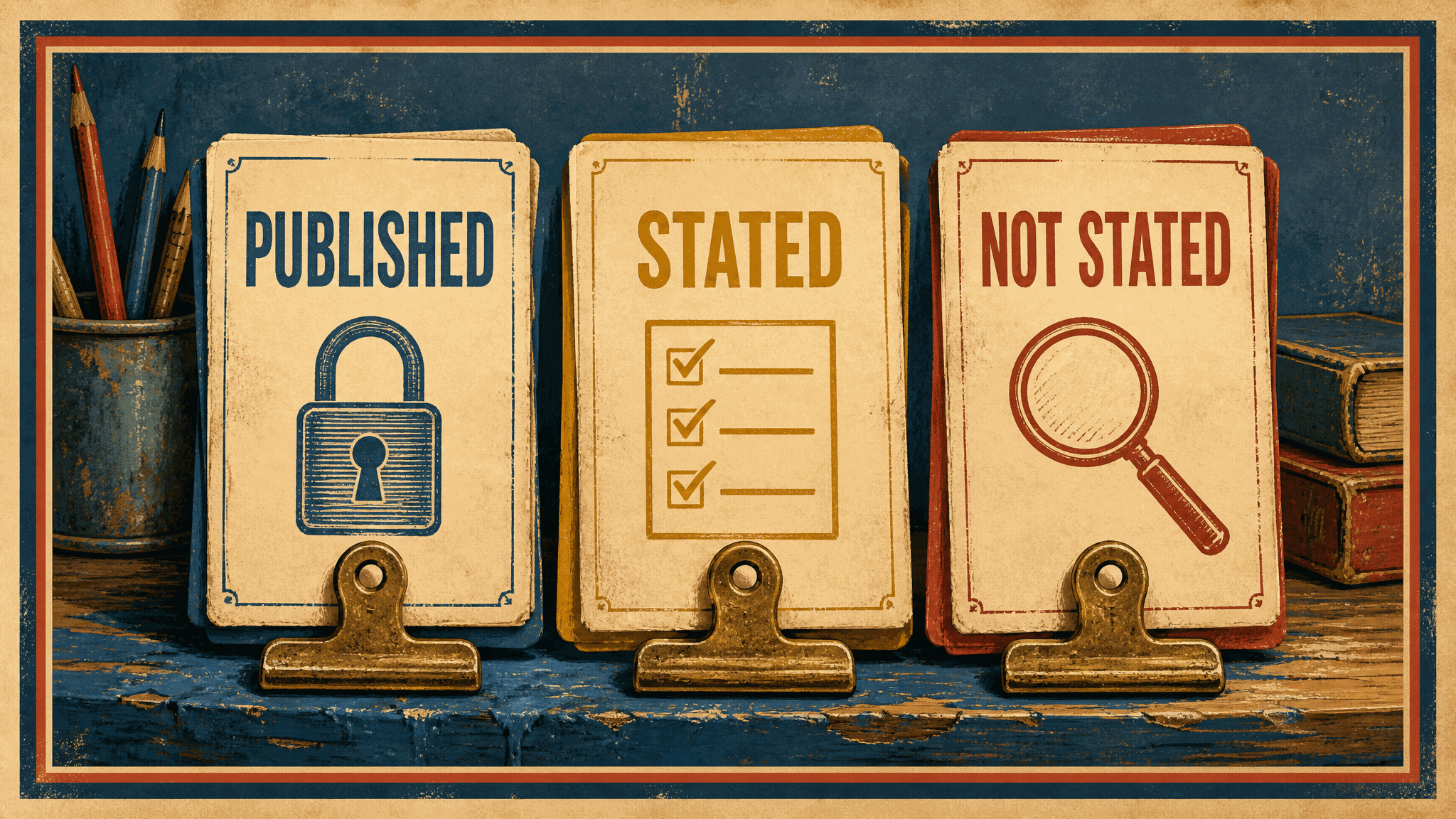 Three upright index cards held in brass clips on a worn blue desk, labelled PUBLISHED above a padlock, STATED above a ticked checklist, and NOT STATED above a magnifying glass. Pencils in a tin and a stack of old books sit at either side.
