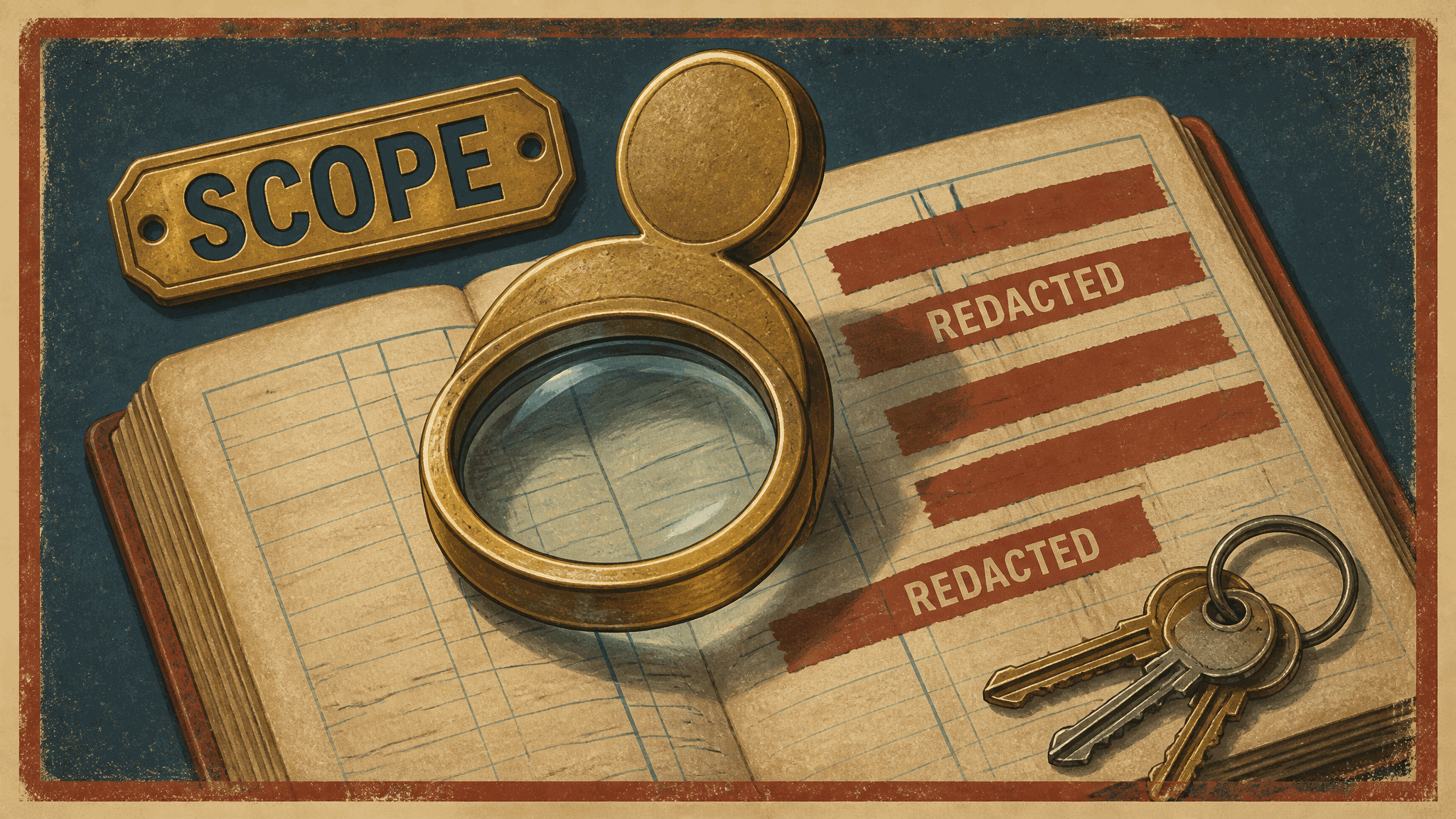 An open ruled ledger with several lines covered by red redaction strips, two of them printed REDACTED. A large brass magnifying loupe rests on the left page and a small ring of keys lies at the lower right. A brass name tag in the upper corner reads SCOPE.