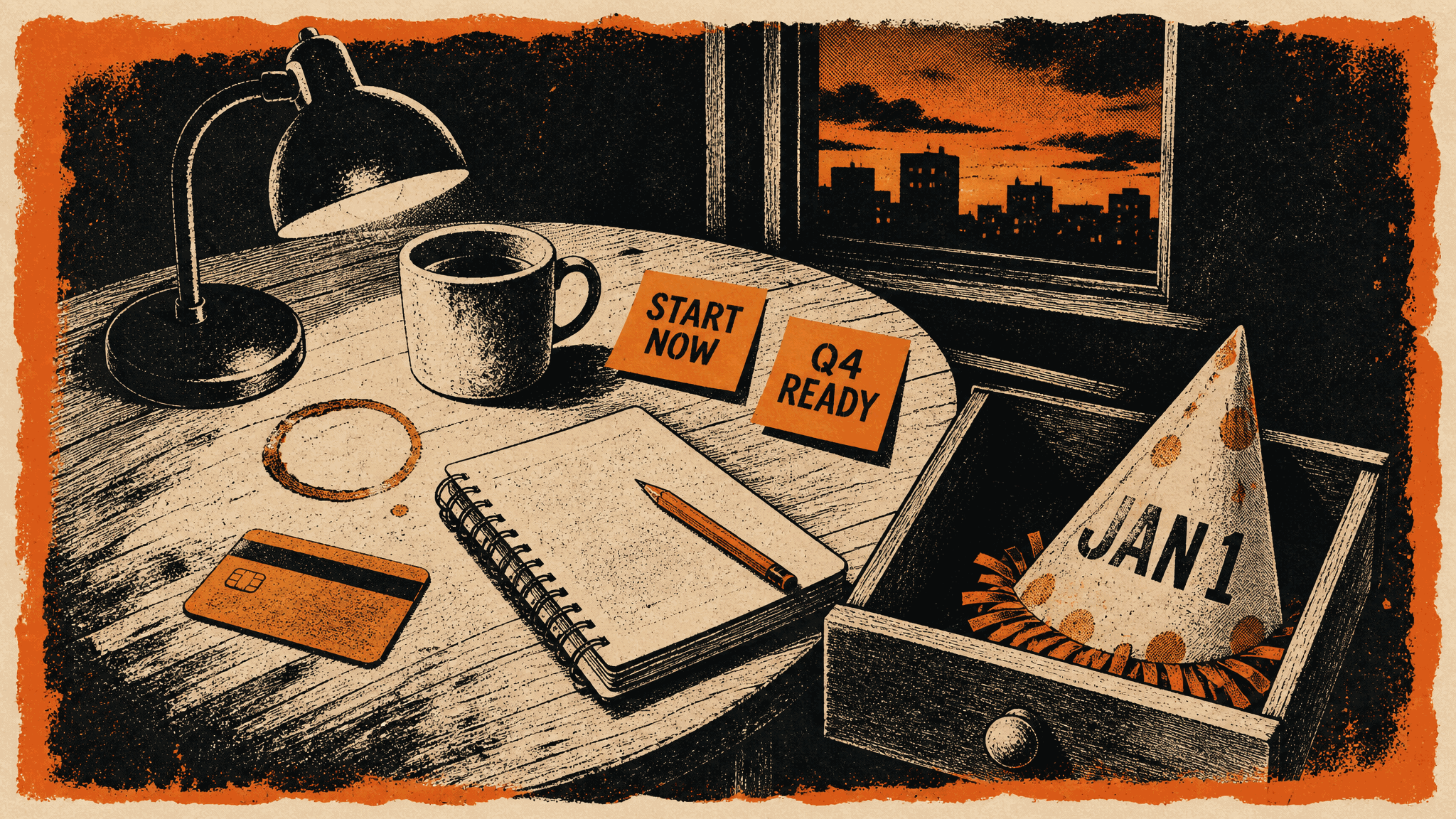 Screen-print scene of a dusk kitchen table with a desk lamp, coffee mug, coffee ring, bank card, notebook and pencil, two sticky notes reading START NOW and Q4 READY, and a JAN 1 party hat lying in an open drawer beside the table.