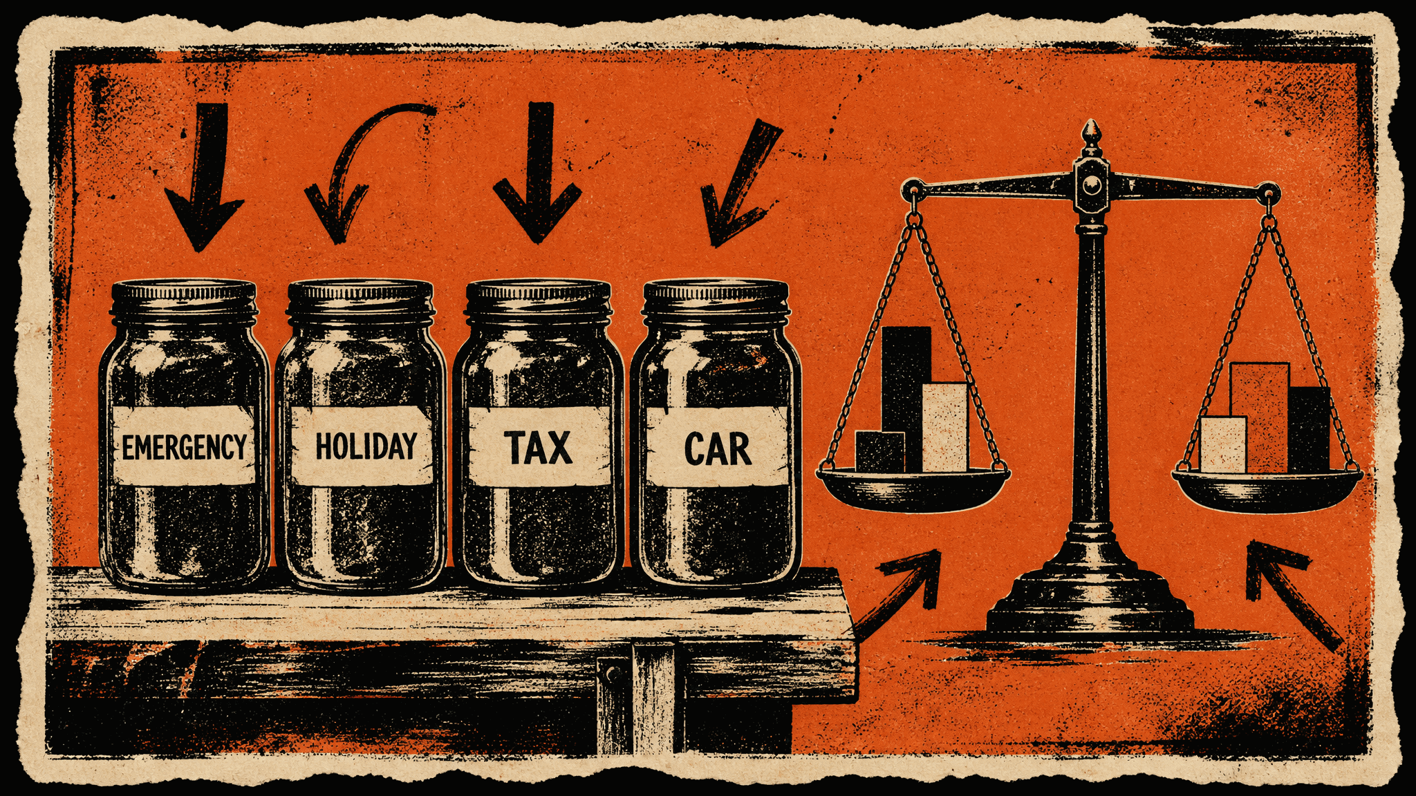 Screen-print of four glass jars on a wooden workbench labeled EMERGENCY, HOLIDAY, TAX and CAR with hand-drawn arrows pointing into them, beside a balance scale weighing abstract block shapes on a burnt-orange background.