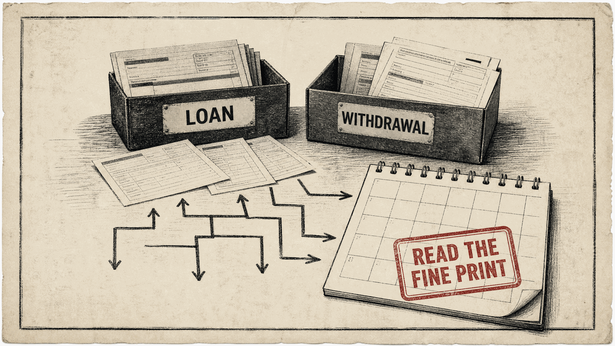 Vintage ink drawing of two wooden file trays labeled Loan and Withdrawal spilling paper forms into a maze of hand-drawn arrows, beside a spiral desk calendar stamped in red with Read the Fine Print.