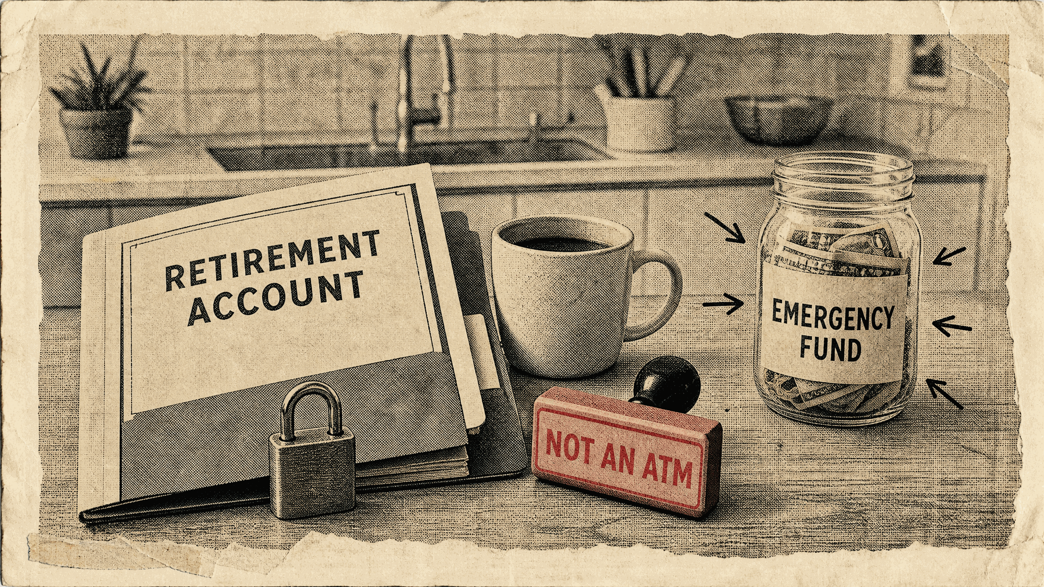 Halftone kitchen-table scene with a folder labeled Retirement Account beside a padlock and a coffee mug, a red rubber stamp reading Not an ATM, and hand-drawn arrows pointing at a glass jar of cash labeled Emergency Fund.