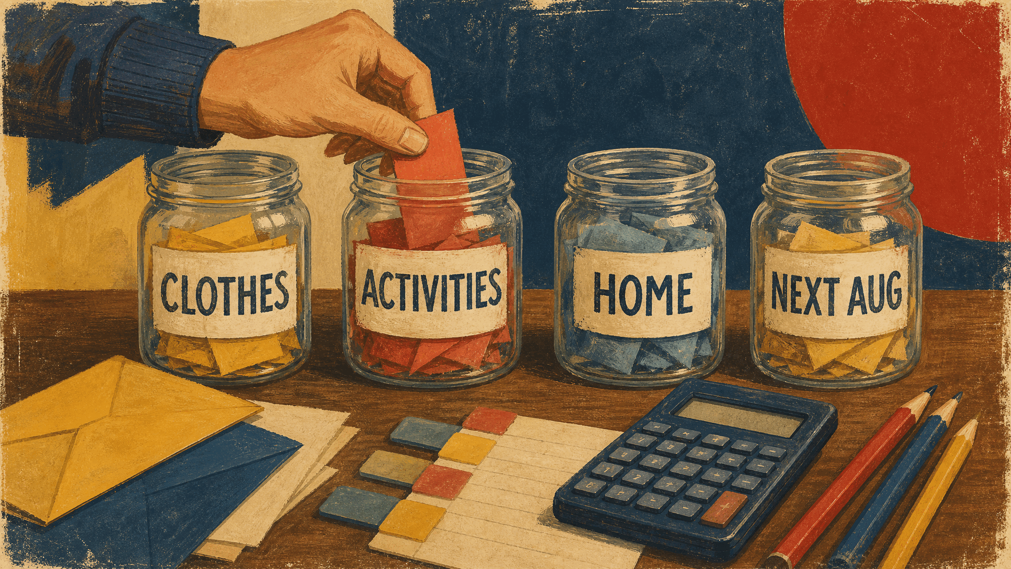 Retro poster illustration of four labeled glass jars named CLOTHES, ACTIVITIES, HOME, and NEXT AUG on a wooden table, as a hand drops a red paper slip into the ACTIVITIES jar beside envelopes, a blank calculator, and colored tabs.