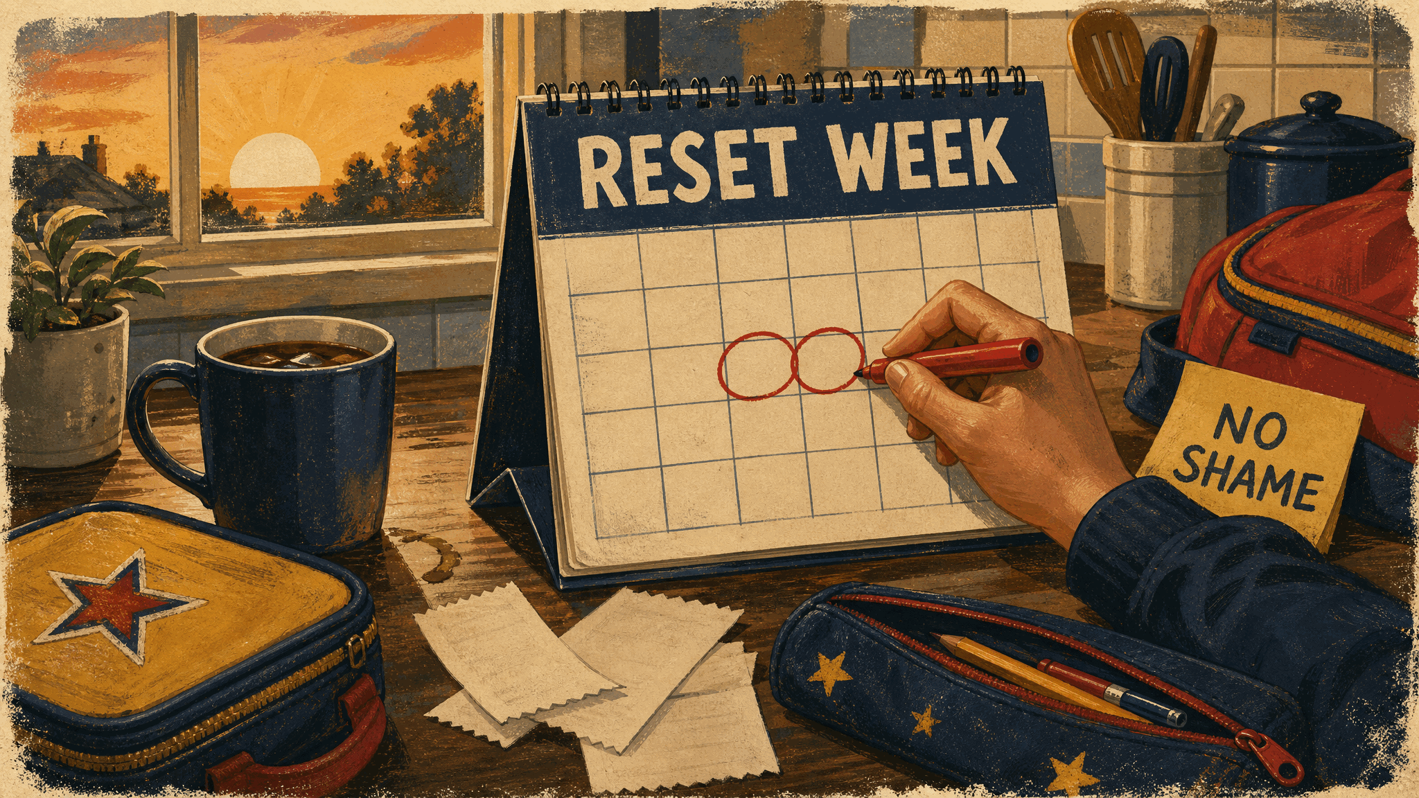 Retro poster illustration of a morning kitchen counter: a hand circles two weeks on a calendar headed RESET WEEK beside a cold coffee mug, a lunchbox, a pencil case, blank receipt slips, and a NO SHAME sticky note, with sunrise through the window.