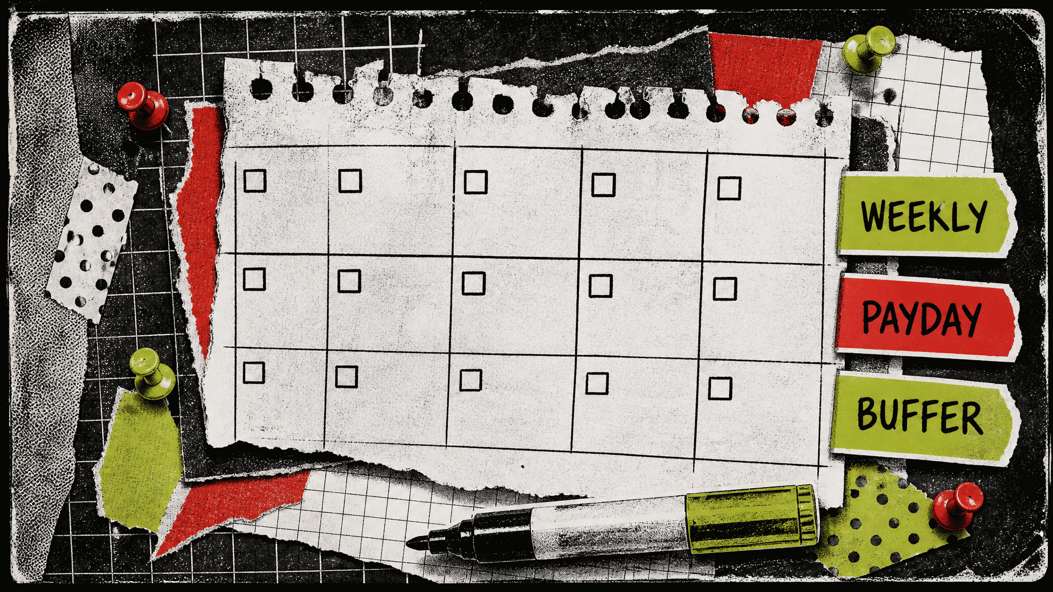 Torn-paper collage of a wall calendar grid with empty checkboxes held up by pushpins, a green marker resting below it, and three paper tabs down the right edge labeled WEEKLY, PAYDAY and BUFFER.