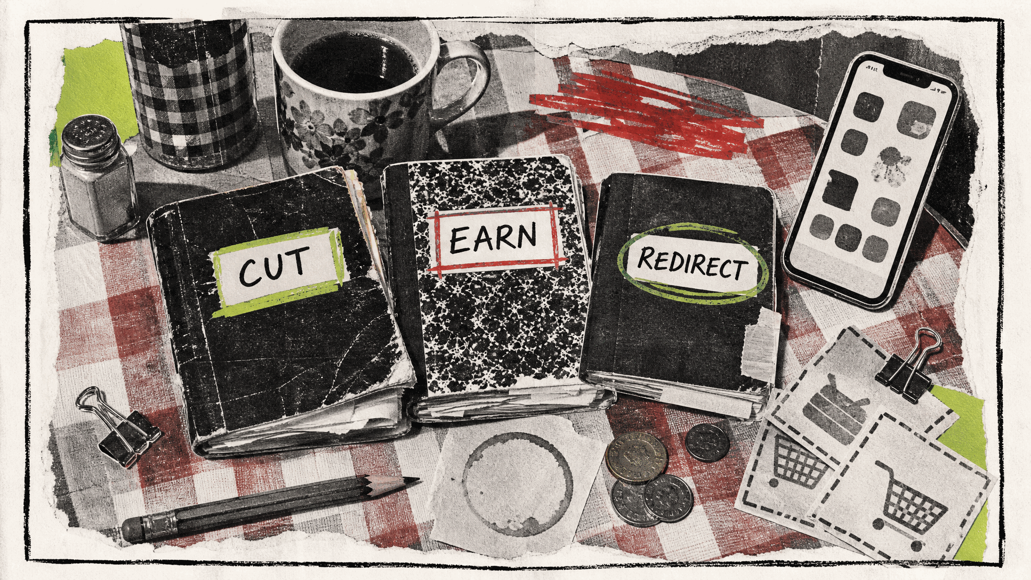 Photocopy-style collage of a kitchen table with three battered notebooks labeled CUT, EARN and REDIRECT on a checkered tablecloth, surrounded by a coffee mug, coffee-ring stain, loose coins, a pencil, binder clips, clipped coupon cards and a phone showing blank app shapes.