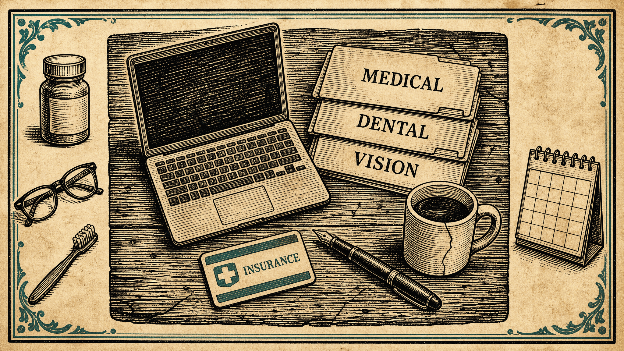 Woodcut-style overhead view of a desk with an open laptop, three folders labeled MEDICAL, DENTAL, and VISION, an insurance card, a fountain pen, a cracked coffee mug, and a blank desk calendar, framed by a pill bottle, eyeglasses, and a toothbrush in the margins.