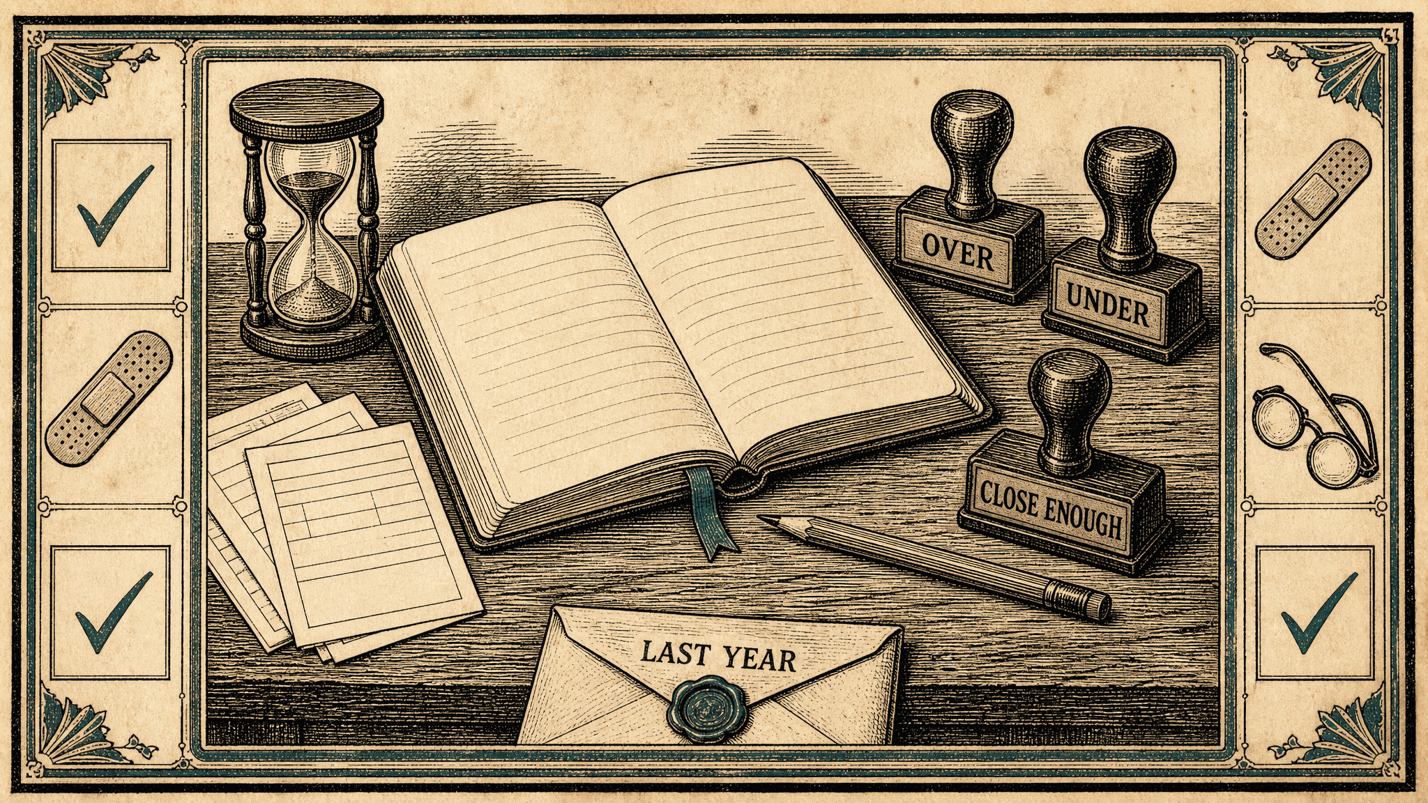 Woodcut engraving of an open blank notebook beside three rubber stamps labeled OVER, UNDER, and CLOSE ENOUGH, with an hourglass, pencil, blank claim forms, and a sealed envelope marked LAST YEAR, bordered by check marks, bandages, and spectacles.
