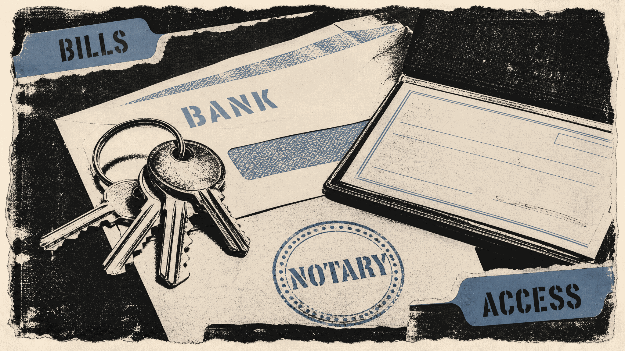 Screen-print still life of a key ring, a bank envelope, a blank checkbook, and a round NOTARY stamp, framed by folder tabs reading BILLS and ACCESS in black, cream, and slate blue.