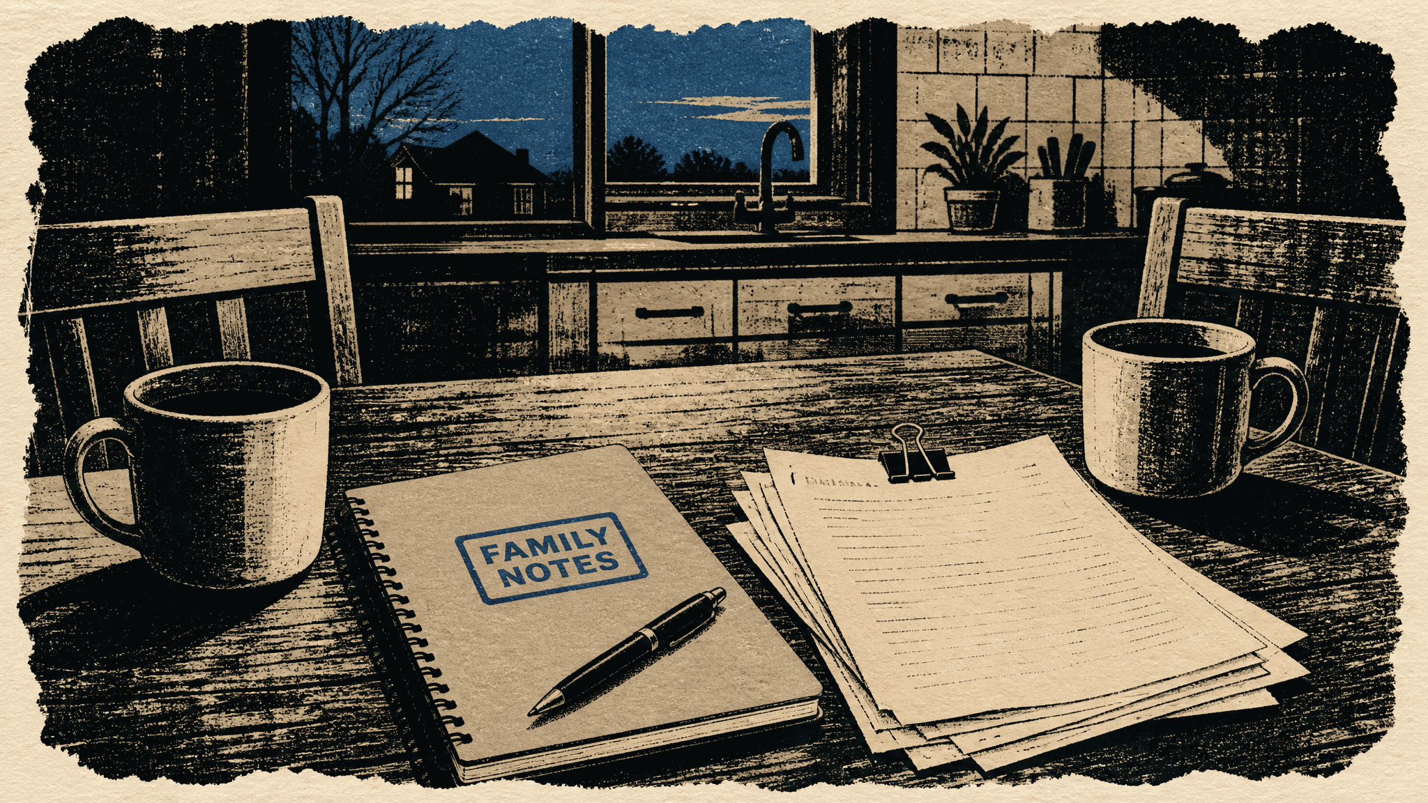 Screen-print of a kitchen table at dusk with two coffee mugs, a spiral notebook stamped FAMILY NOTES, a pen, and a clipped stack of unsigned papers in black, cream, and slate blue.