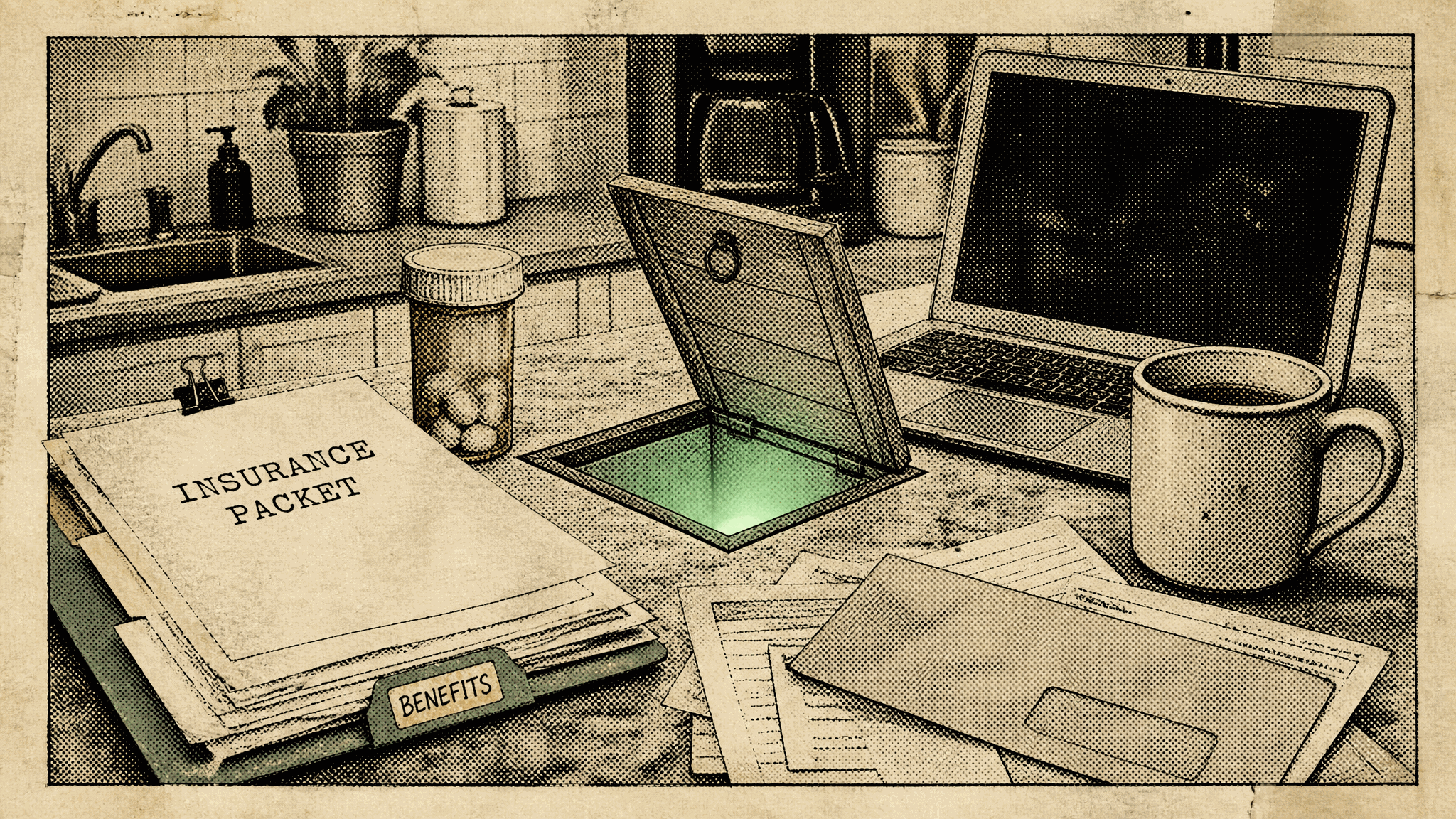 Halftone kitchen-counter scene where a small open trapdoor glows soft green between an insurance packet on a clipboard, a folder tab reading Benefits, a pill bottle, a laptop, scattered envelopes, and a coffee mug.
