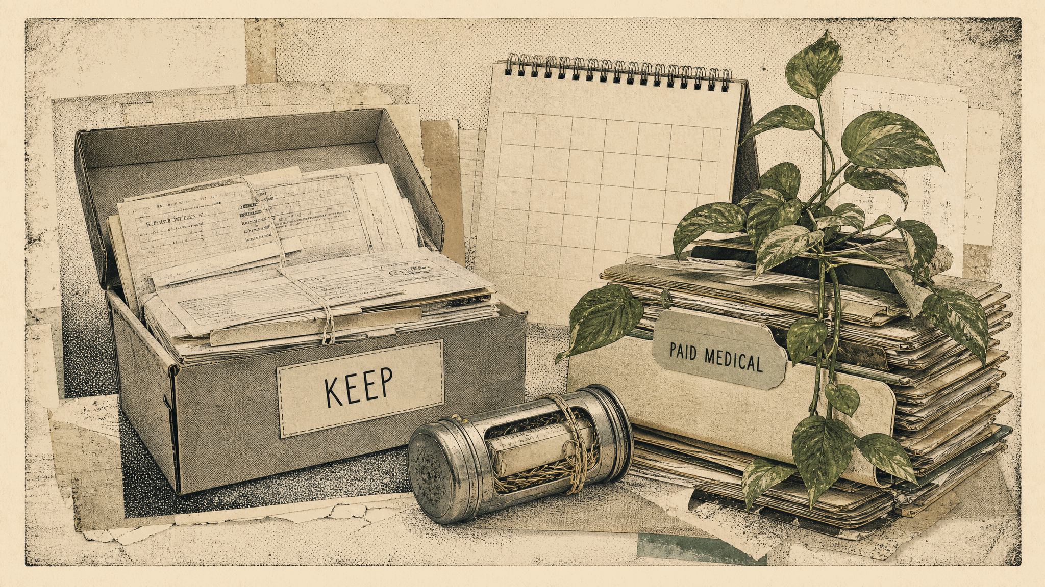 Collage of an open shoebox of bundled receipts labeled Keep, a blank date-free desk calendar, a small metal time capsule, and a houseplant growing through a stack of worn folders with a tab reading Paid Medical.