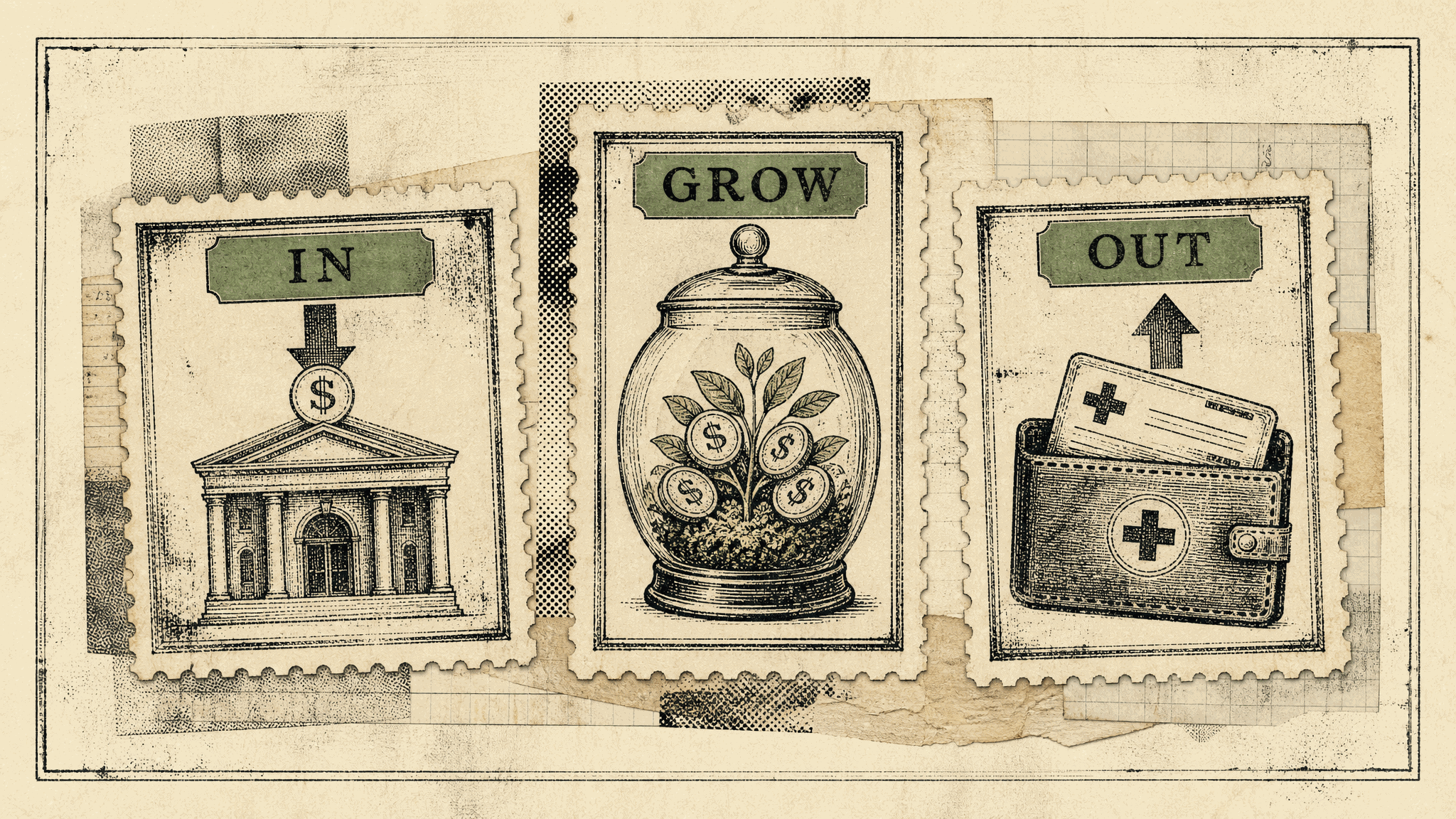 Three vintage postage stamps labeled In, Grow, and Out: a dollar coin dropping into a classical bank building, a coin-bearing plant growing inside a glass jar, and a medical card rising out of a wallet marked with a cross.
