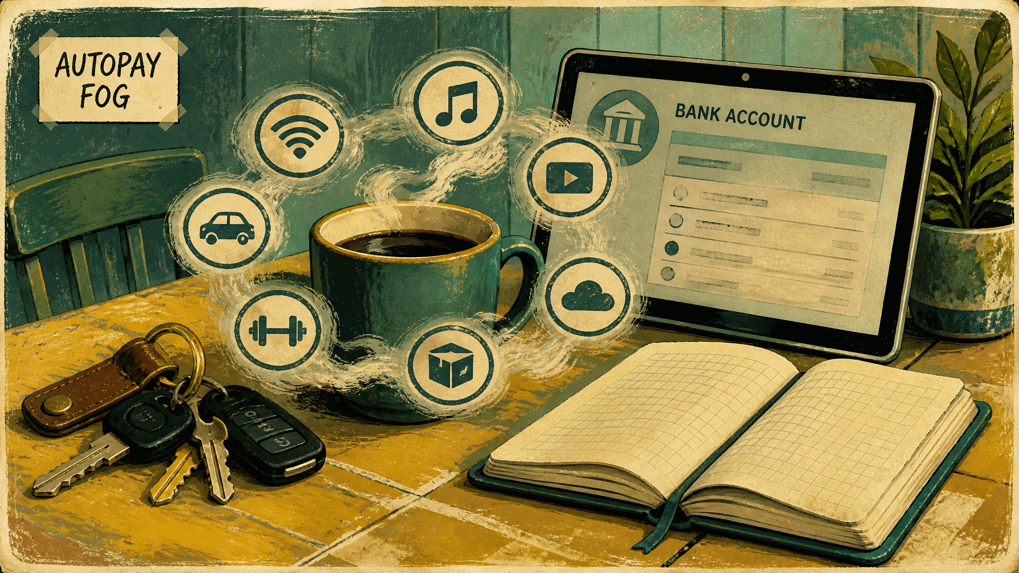 Retro illustration of a kitchen table where a steaming coffee mug is ringed by faded recurring-charge icons (wifi, music, streaming, car, gym, cloud storage, delivery box) drifting like fog toward a tablet showing a bank account transaction list; car keys and an open notebook sit nearby under a taped label reading AUTOPAY FOG.