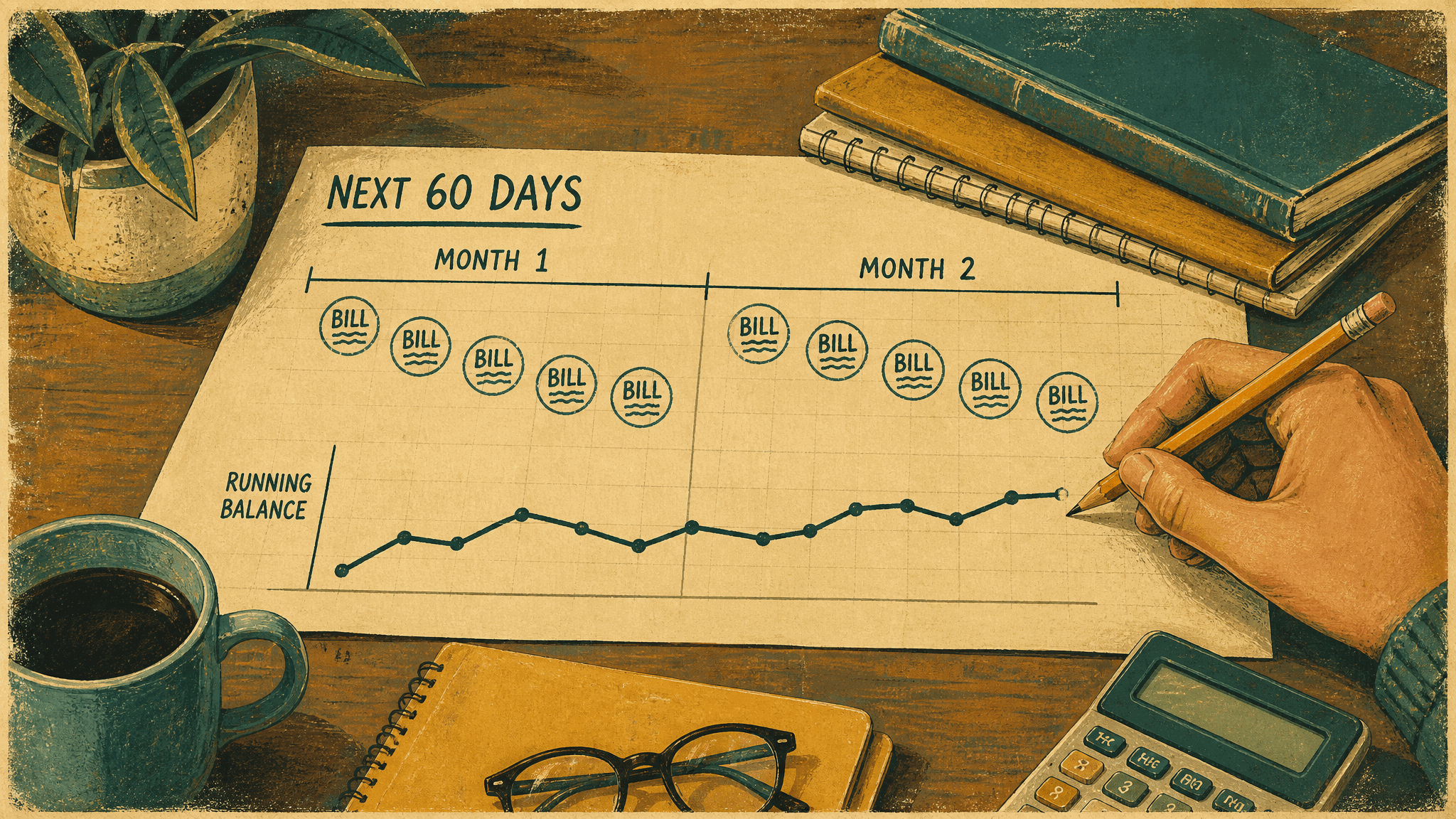 A hand pencils a running-balance line across a paper cash-flow chart headed NEXT 60 DAYS, split into MONTH 1 and MONTH 2 with round BILL stamps stepping across both months; coffee, a calculator, and reading glasses crowd the desk.