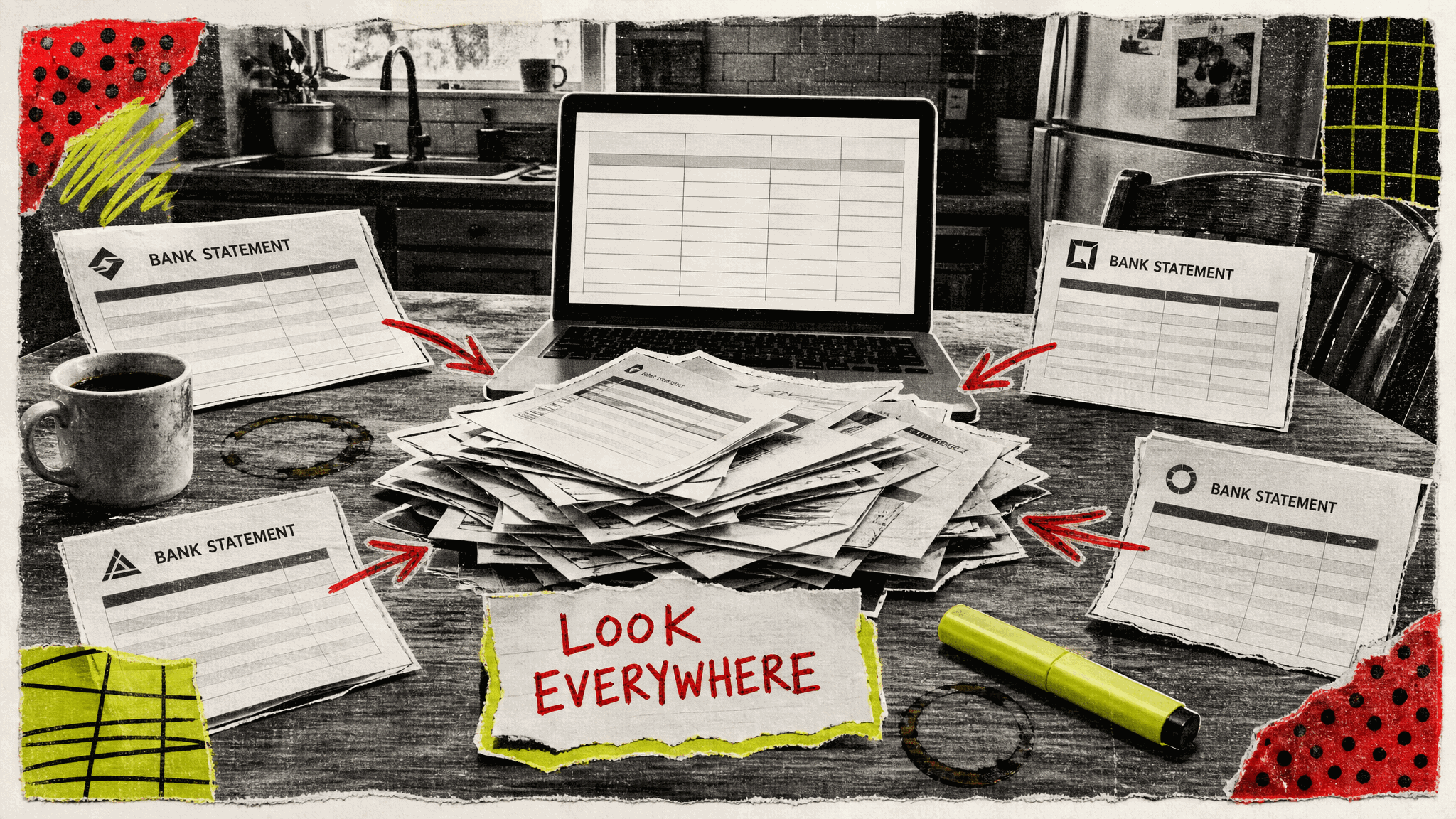 Black-and-white zine collage of a kitchen table where four bank statements from different institutions point by red arrows into one messy central pile of paperwork, beside a laptop with an empty spreadsheet, a coffee mug, a highlighter, and a torn note reading LOOK EVERYWHERE in red hand lettering.