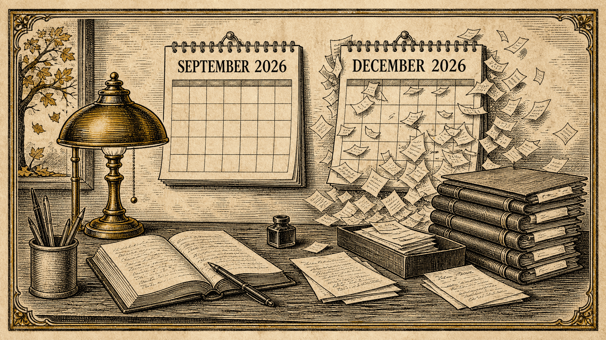 An engraved sepia desk scene. A brass lamp, inkwell, pen cup and open ledger of illegible handwriting sit beneath two wall calendars. The September 2026 calendar is clean and empty; the December 2026 calendar is buried under dozens of fluttering paper notes. Autumn leaves show through the window.