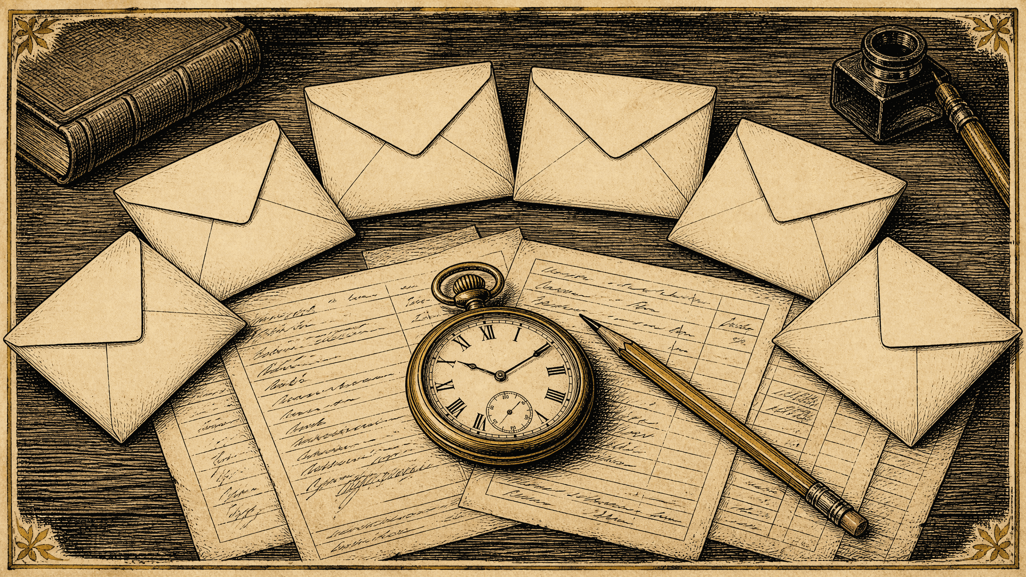 Seven blank sealed envelopes arranged in a semicircle on a dark wooden table, surrounding an open pocket watch and a sharpened pencil. Ruled forms covered in faint illegible script fan out beneath them, with a closed book and an inkwell at the edges.