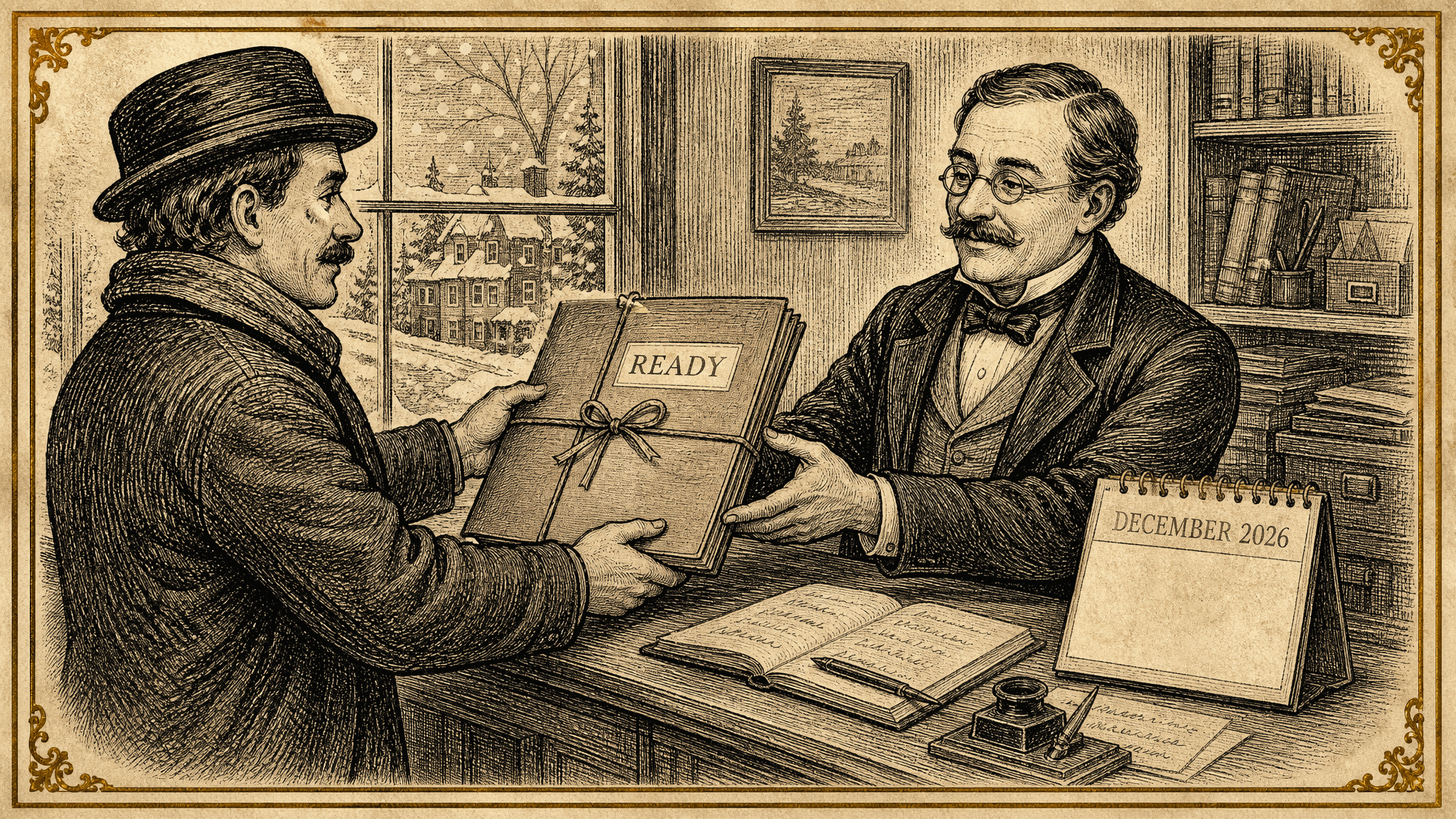 Two engraved figures at an office counter. A man in a hat and overcoat passes a string-tied folder labelled READY to a bespectacled accountant in a bow tie. A snow-covered street shows through the window, and a desk calendar reading December 2026 stands beside an open ledger.